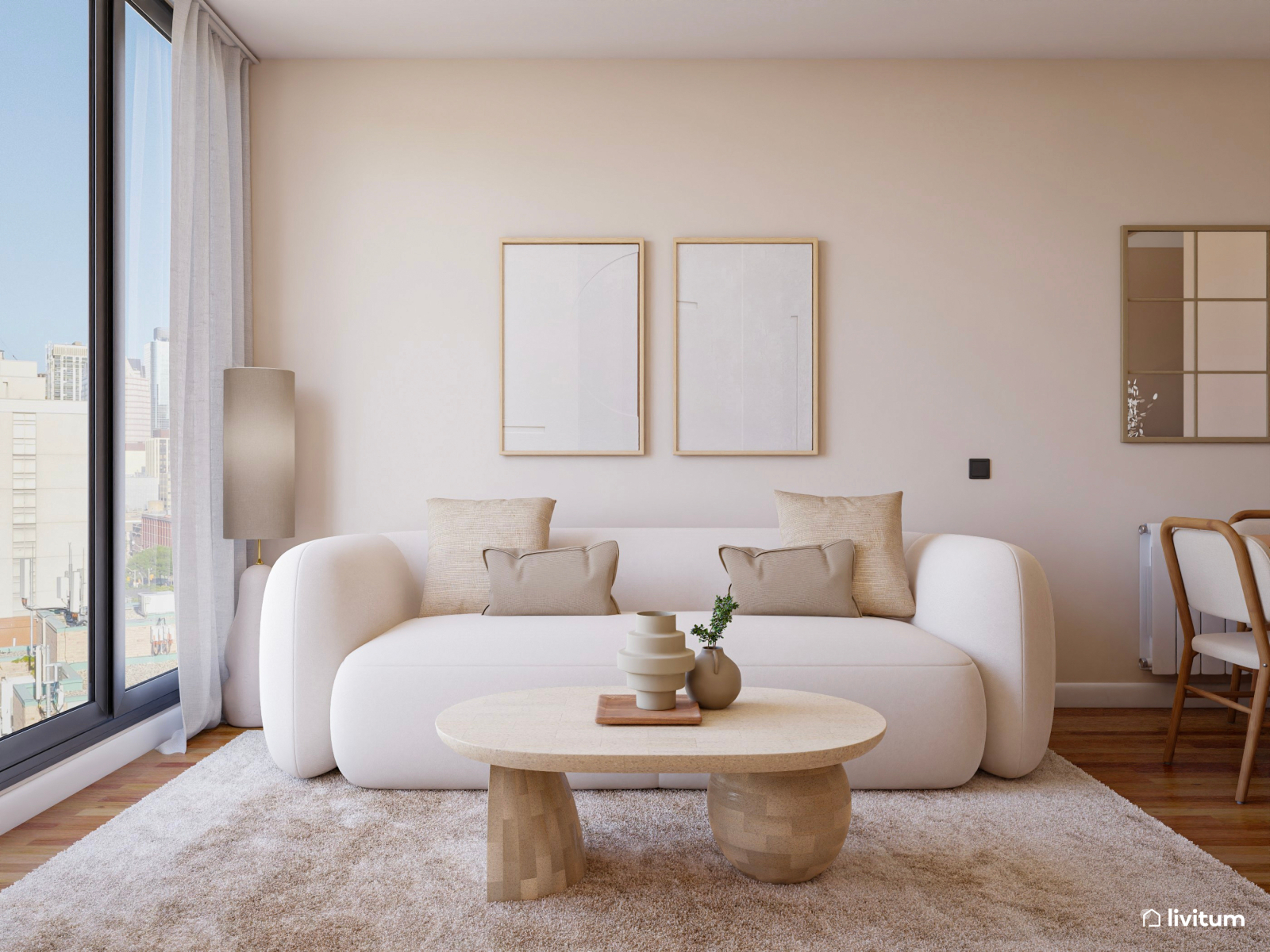 Salón comedor moderno y luminoso con sofá ovalado 