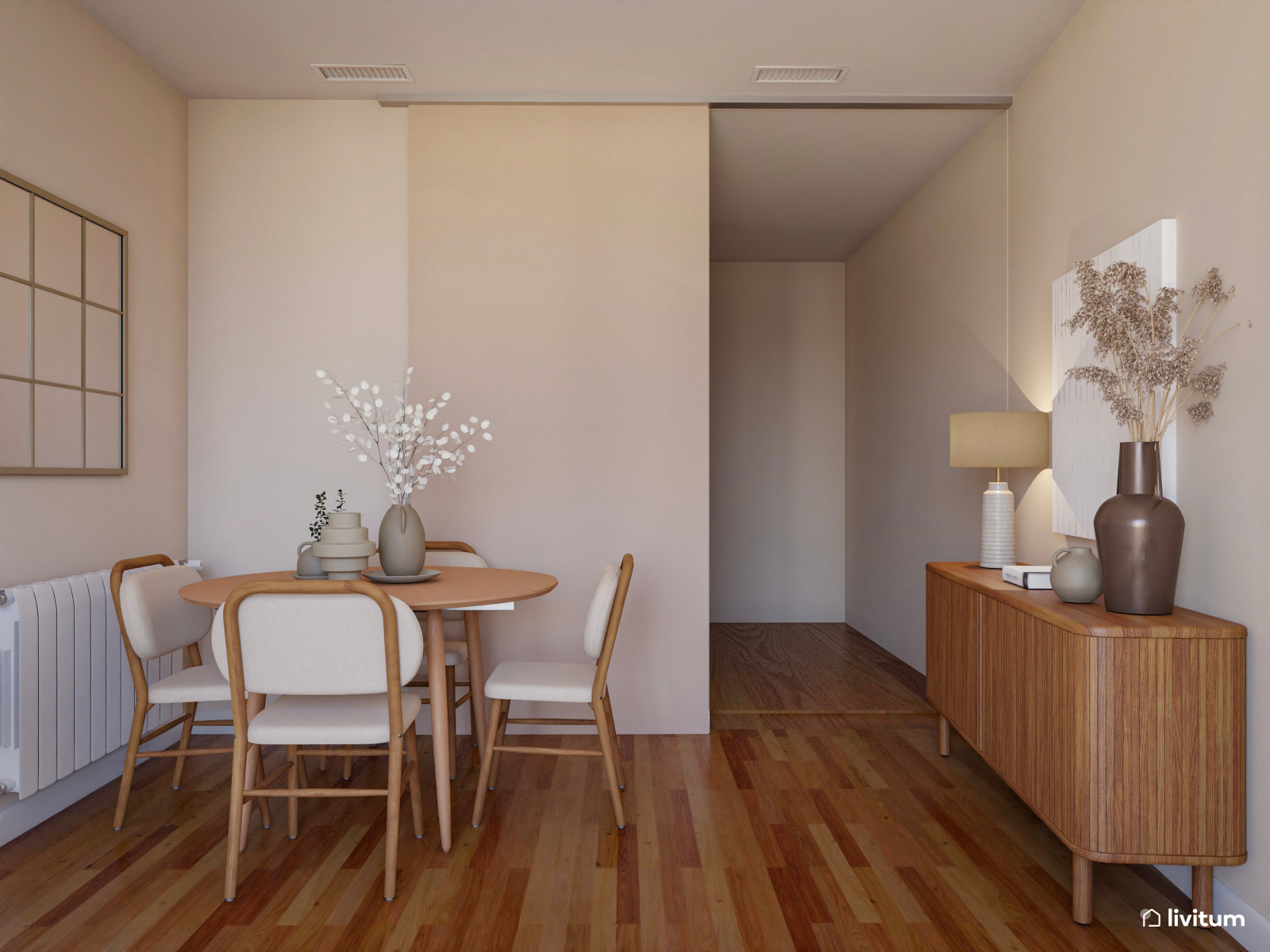 Salón comedor moderno y luminoso con sofá ovalado 