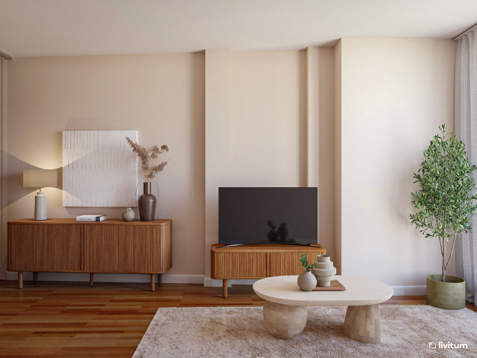 Salón comedor moderno y luminoso con sofá ovalado 