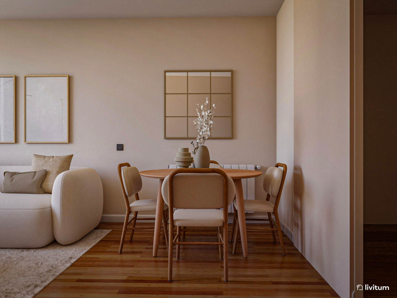 Salón comedor moderno y luminoso con sofá ovalado 