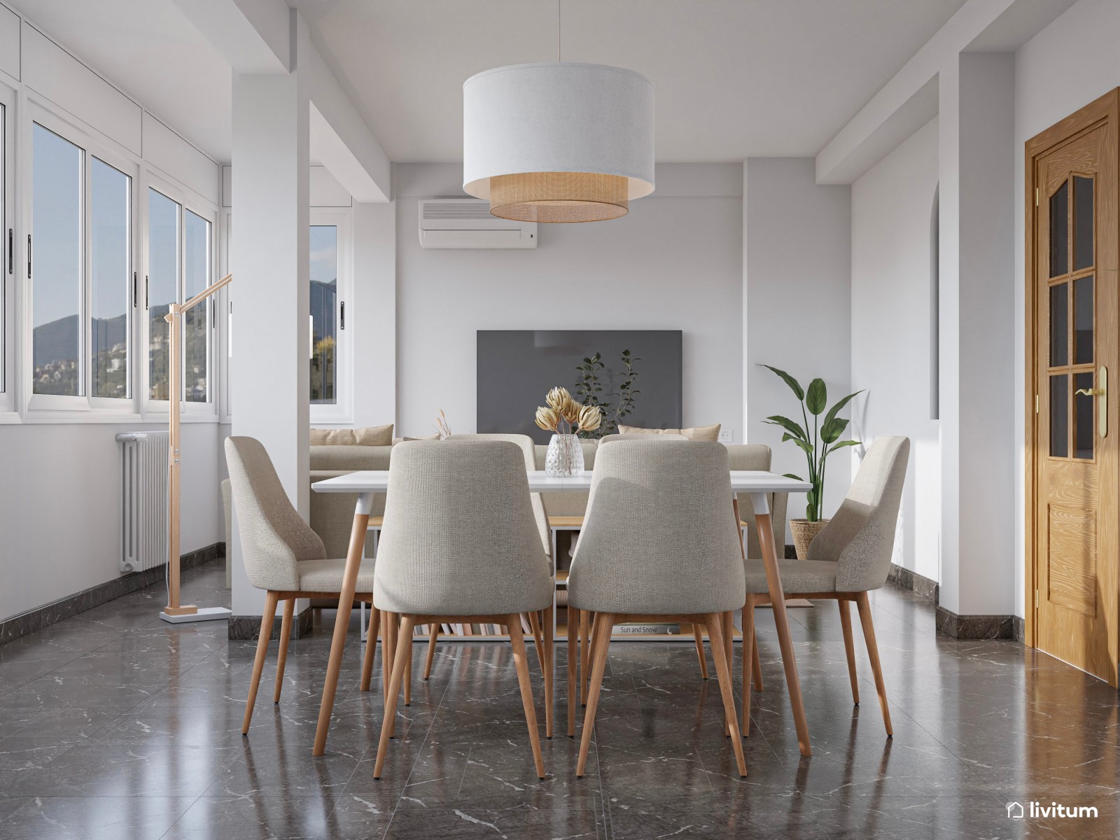 Salón comedor moderno y luminoso en tonos claros