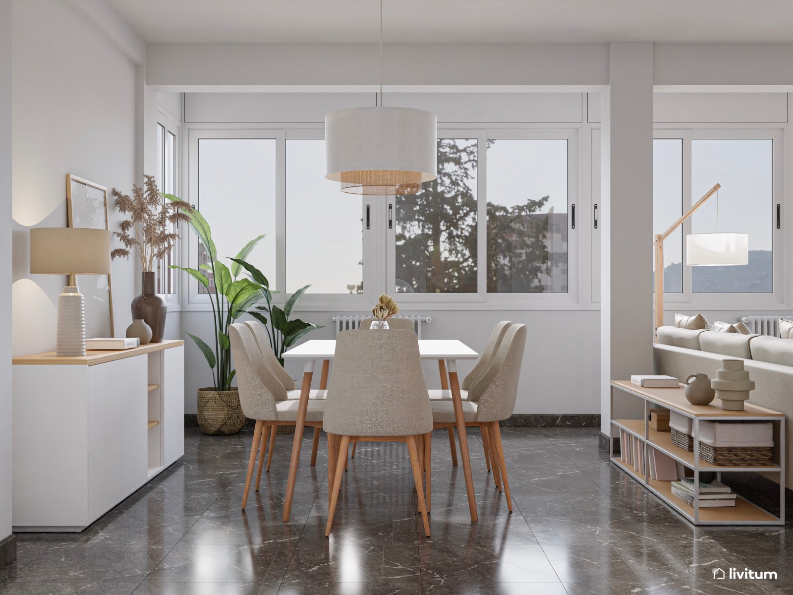 Salón comedor moderno y luminoso en tonos claros