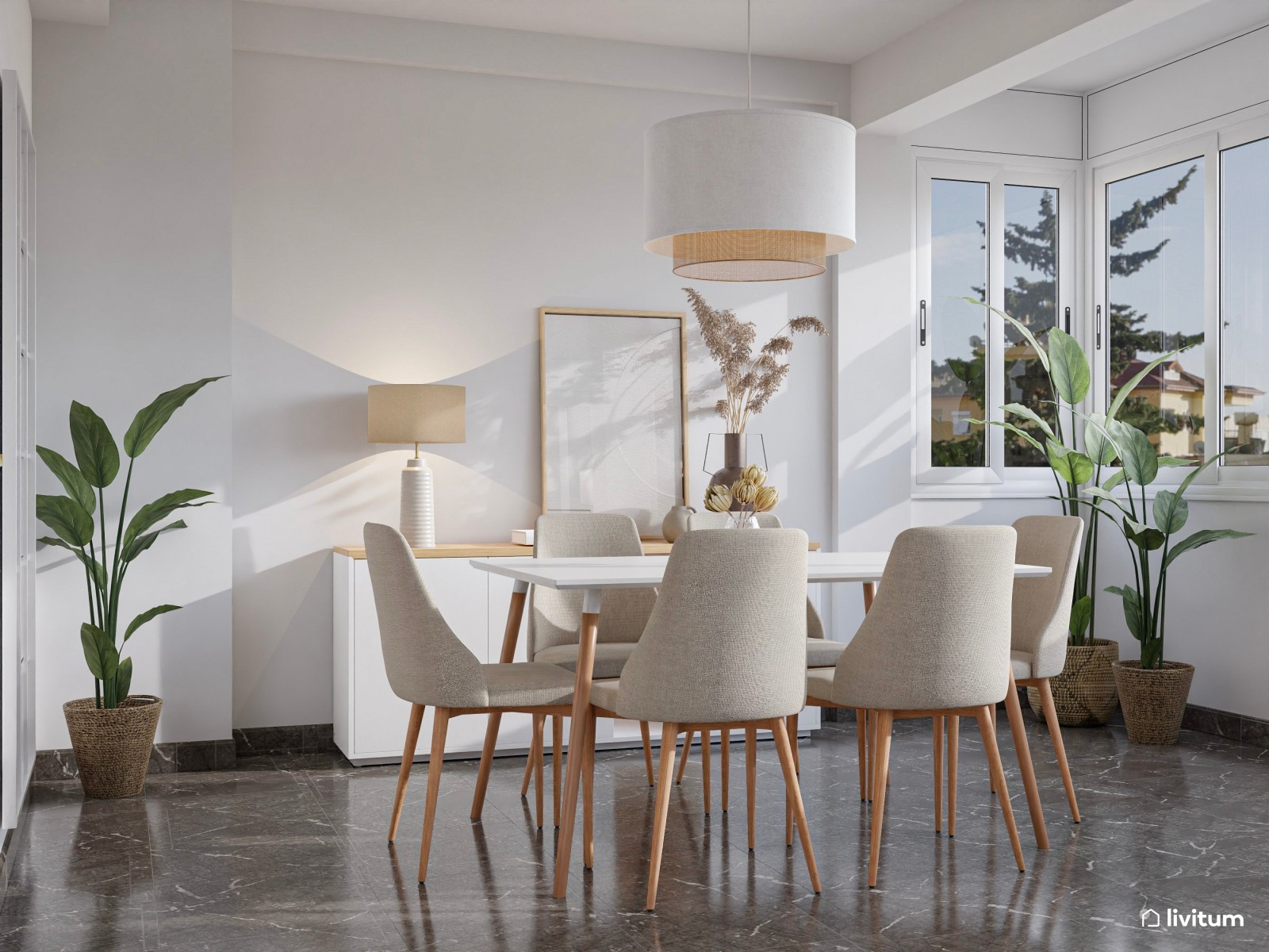 Salón comedor moderno y luminoso en tonos claros