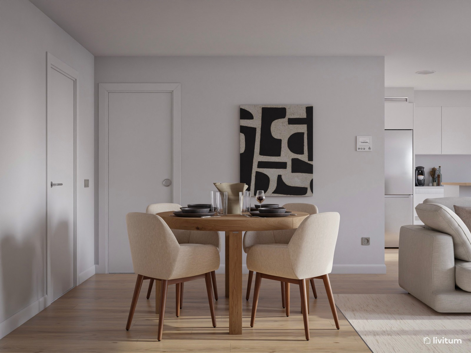 Salón comedor moderno y minimalista en blanco y madera 