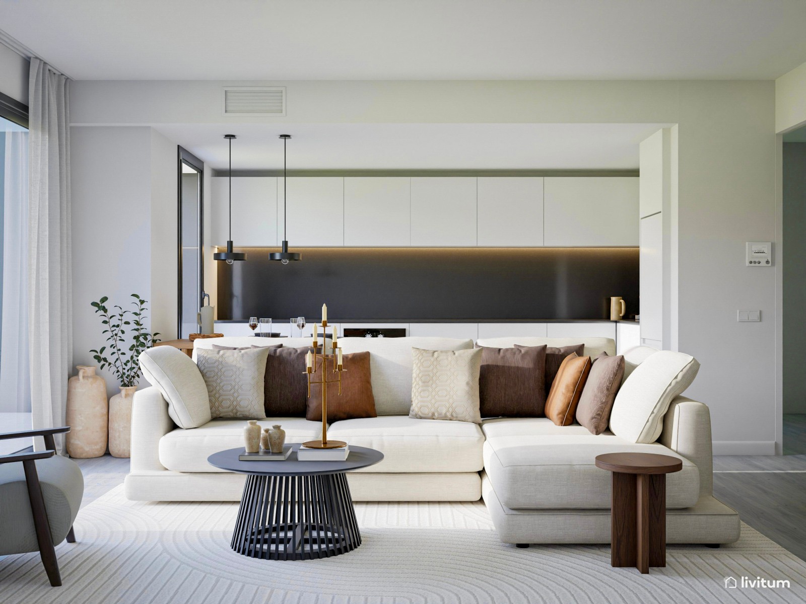 Salón comedor moderno y minimalista en blanco 