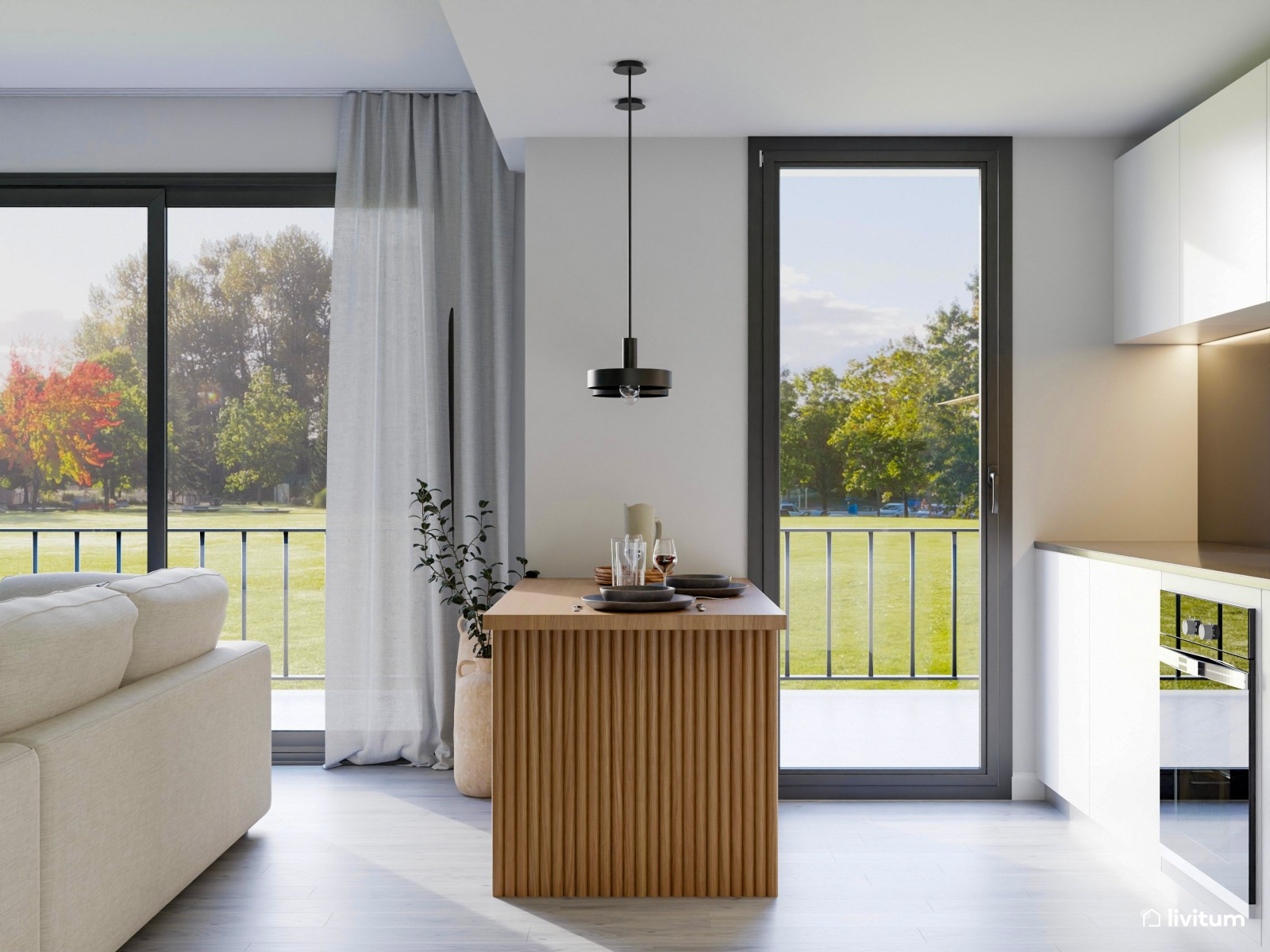 Salón comedor moderno y minimalista en blanco 