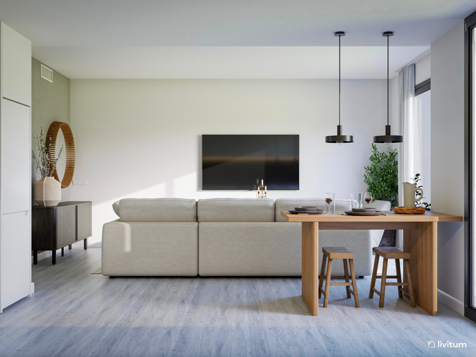 Salón comedor moderno y minimalista en blanco 