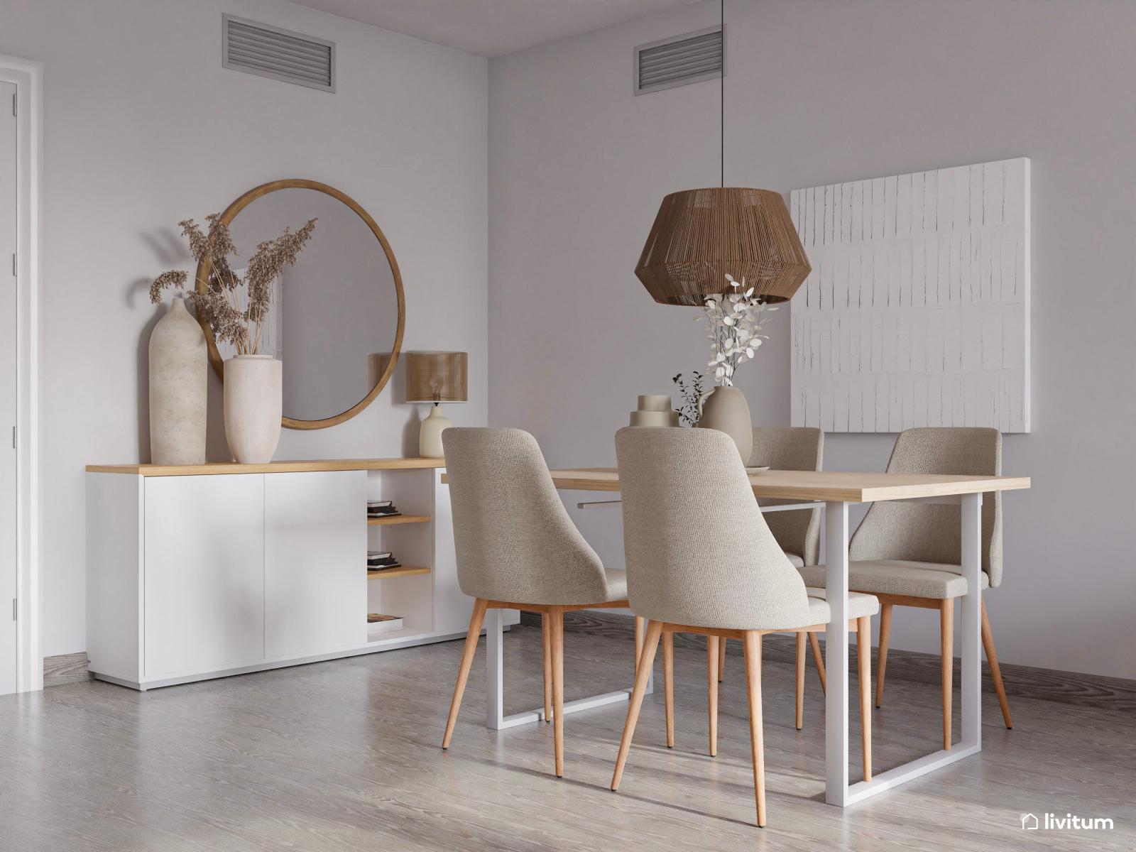  Salón comedor moderno y nórdico con texturas suaves