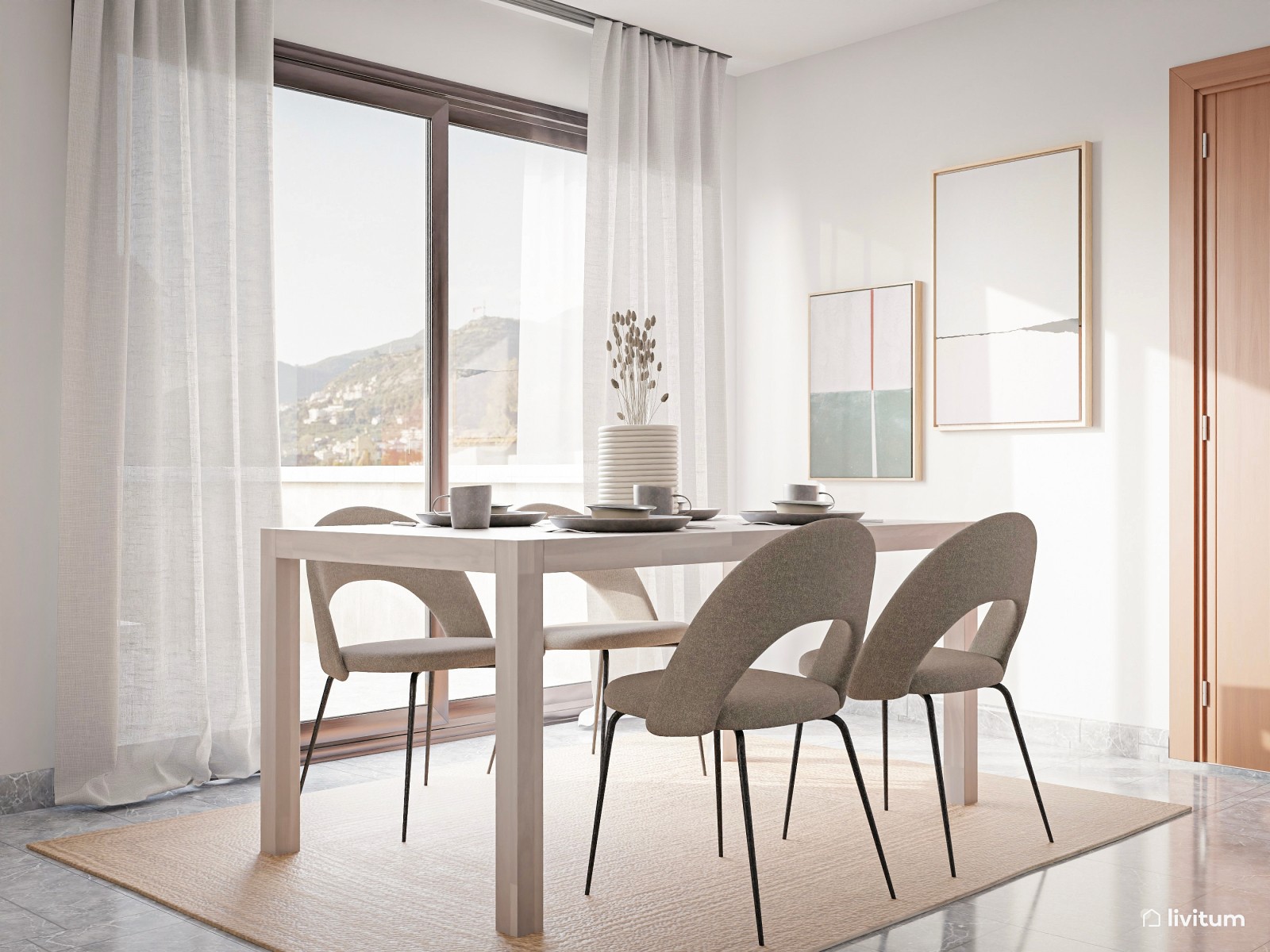 Salón comedor moderno y rústico con colores neutros 