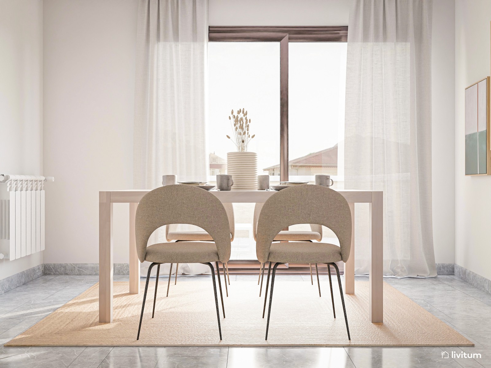 Salón comedor moderno y rústico con colores neutros 