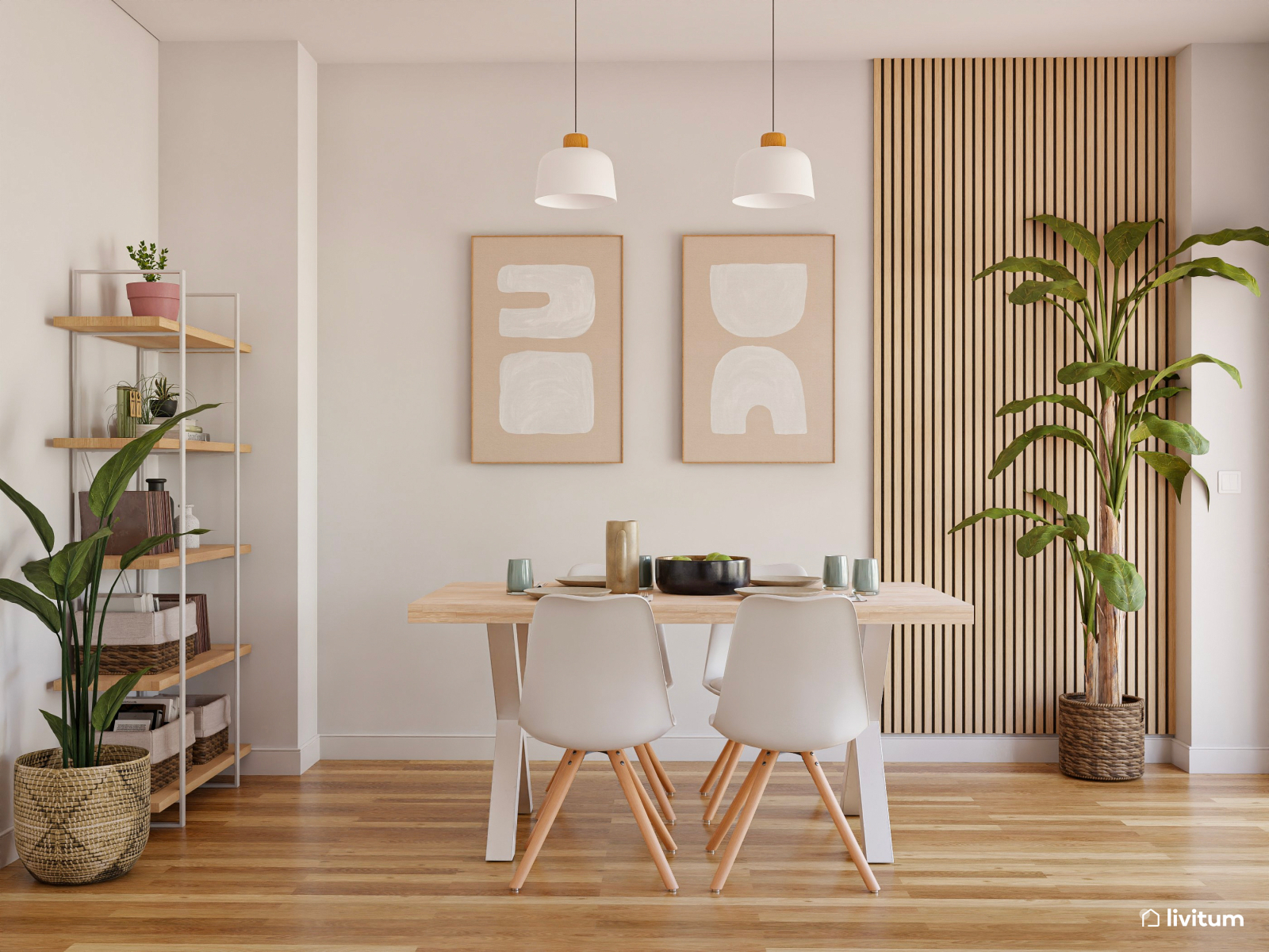 Salón comedor moderno y sereno en beige y madera