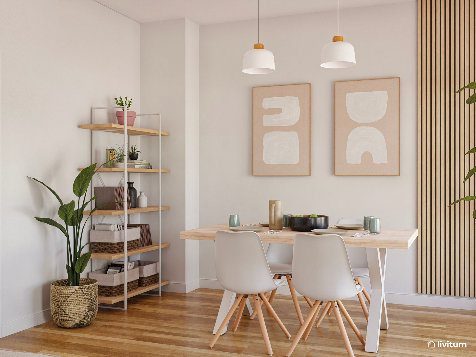 Salón comedor moderno y sereno en beige y madera