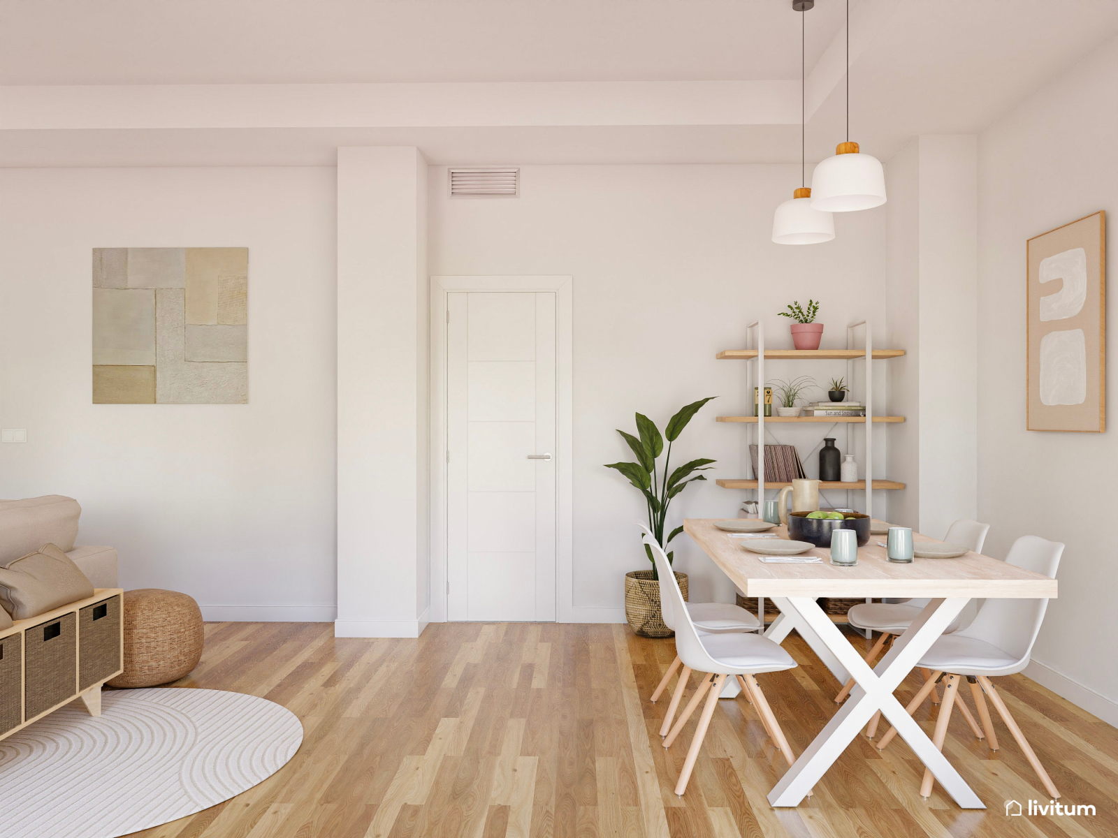 Salón comedor moderno y sereno en beige y madera