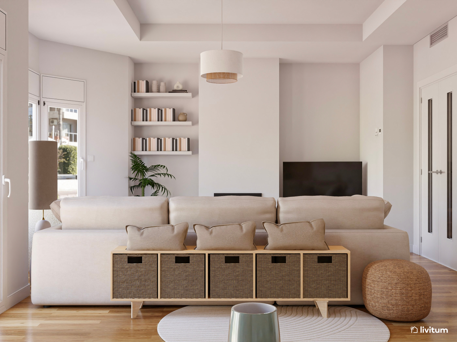 Salón comedor moderno y sereno en beige y madera