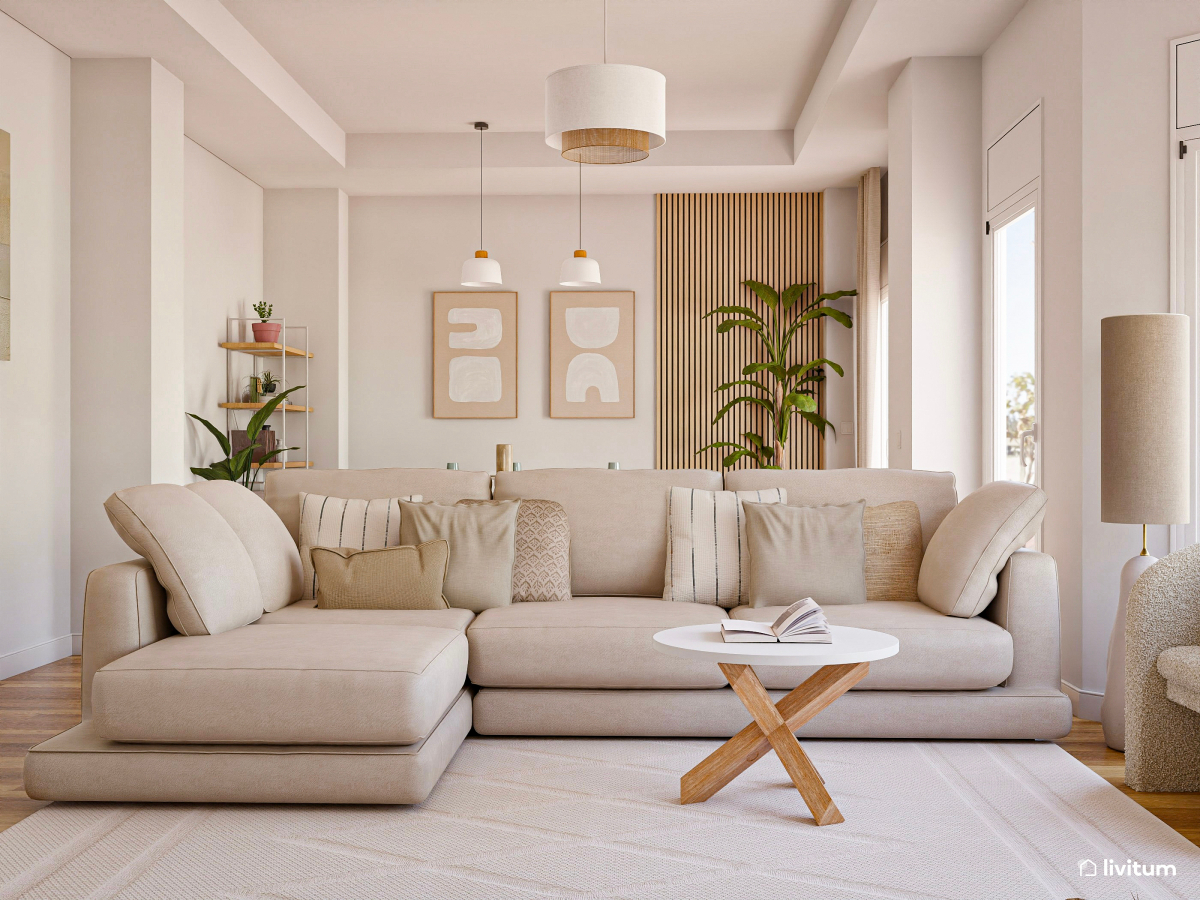 Salón comedor moderno y sereno en beige y madera