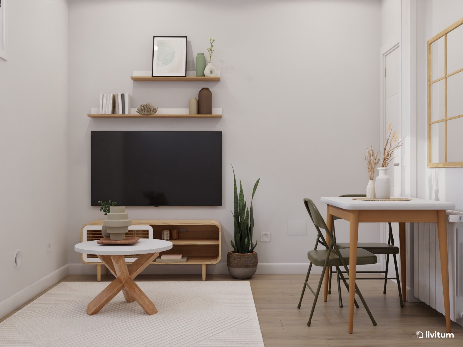 Salón comedor muy pequeño de estilo nórdico 