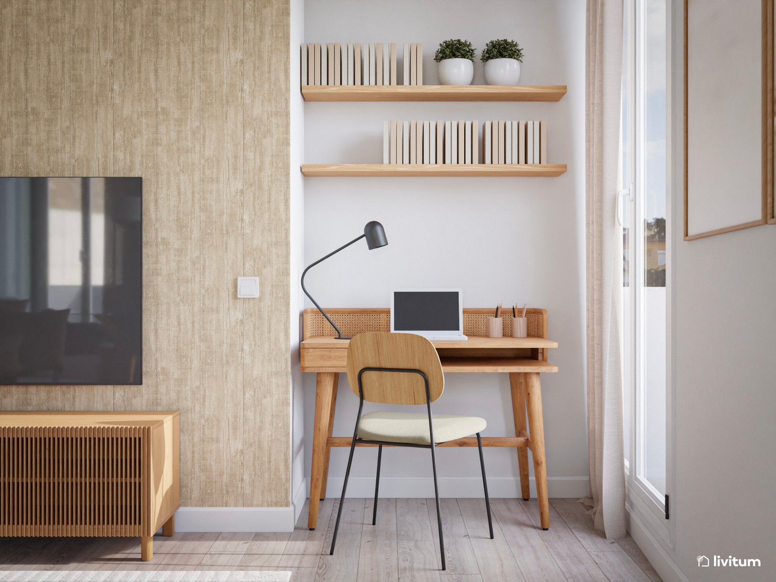 Salón comedor nórdico con cocina abierta verde menta 