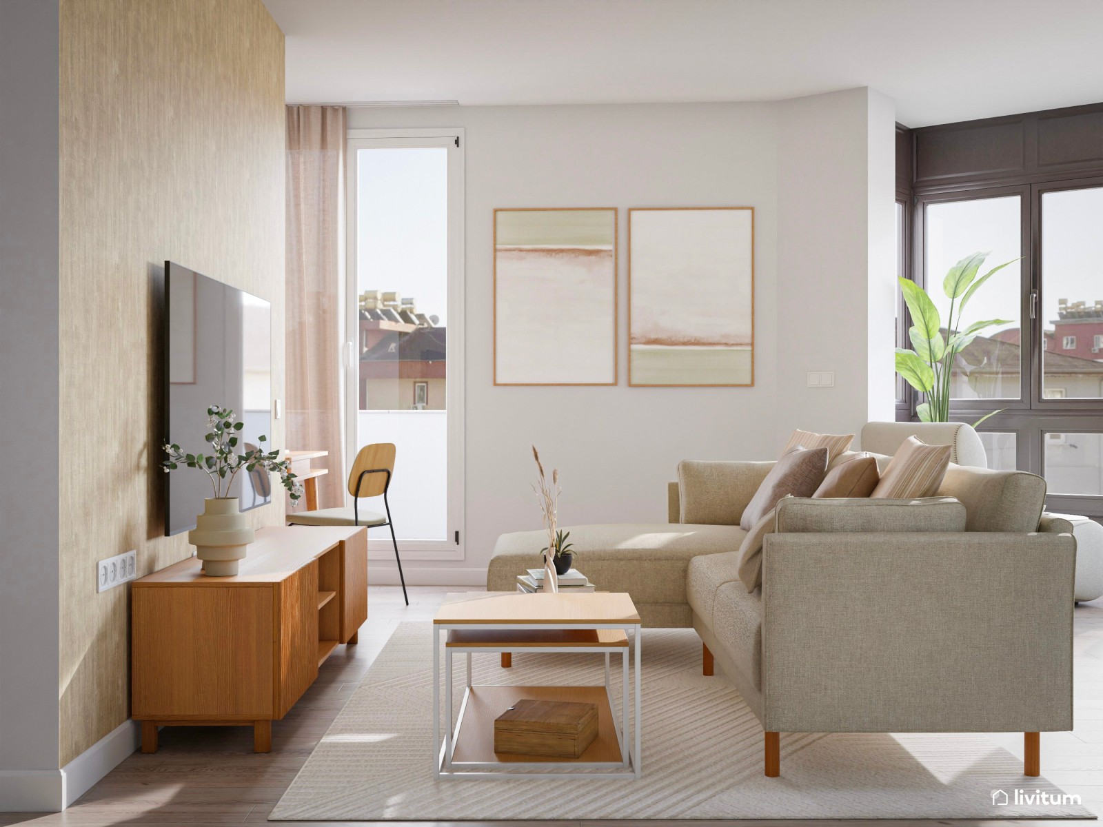 Salón comedor nórdico con cocina abierta verde menta 