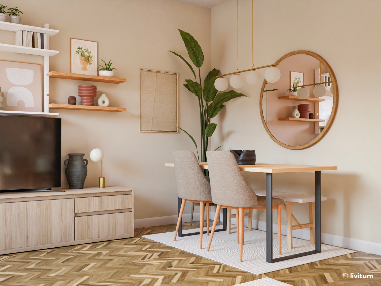 Salón comedor nórdico con detalles en madera, blanco y verde