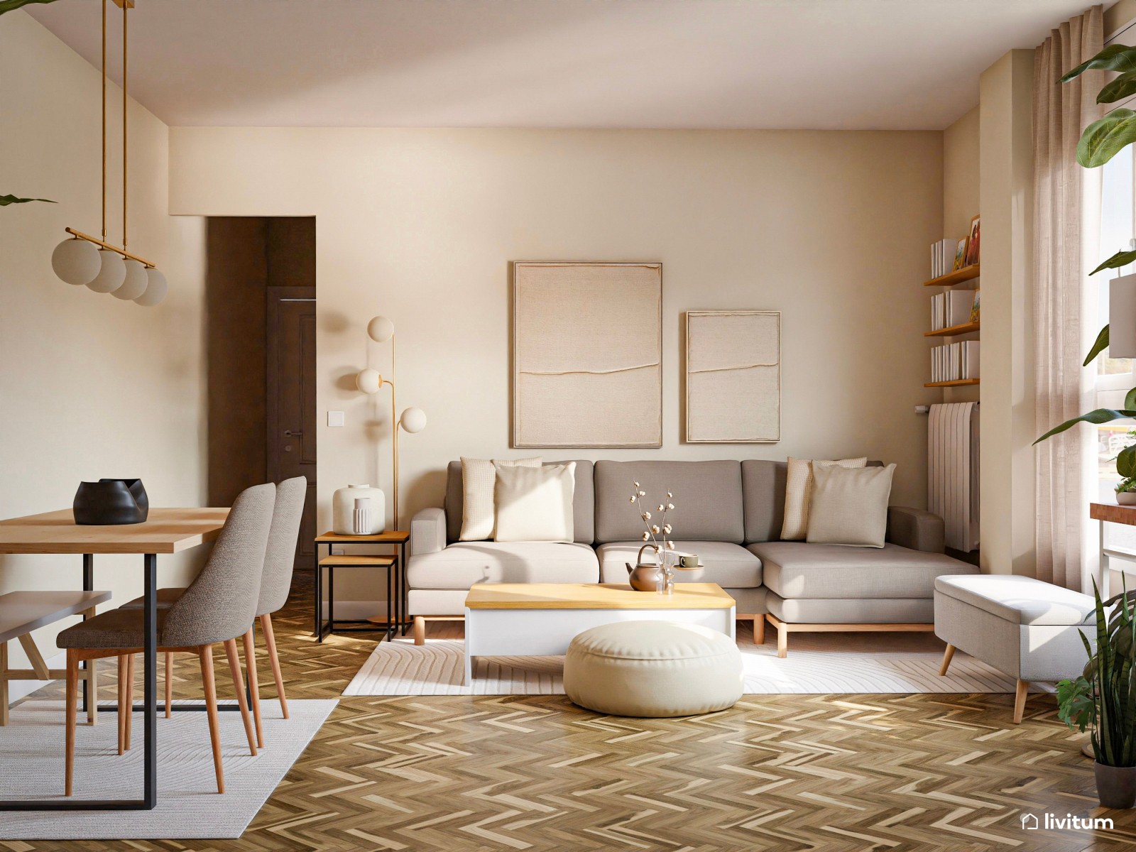 Salón comedor nórdico con detalles en madera, blanco y verde