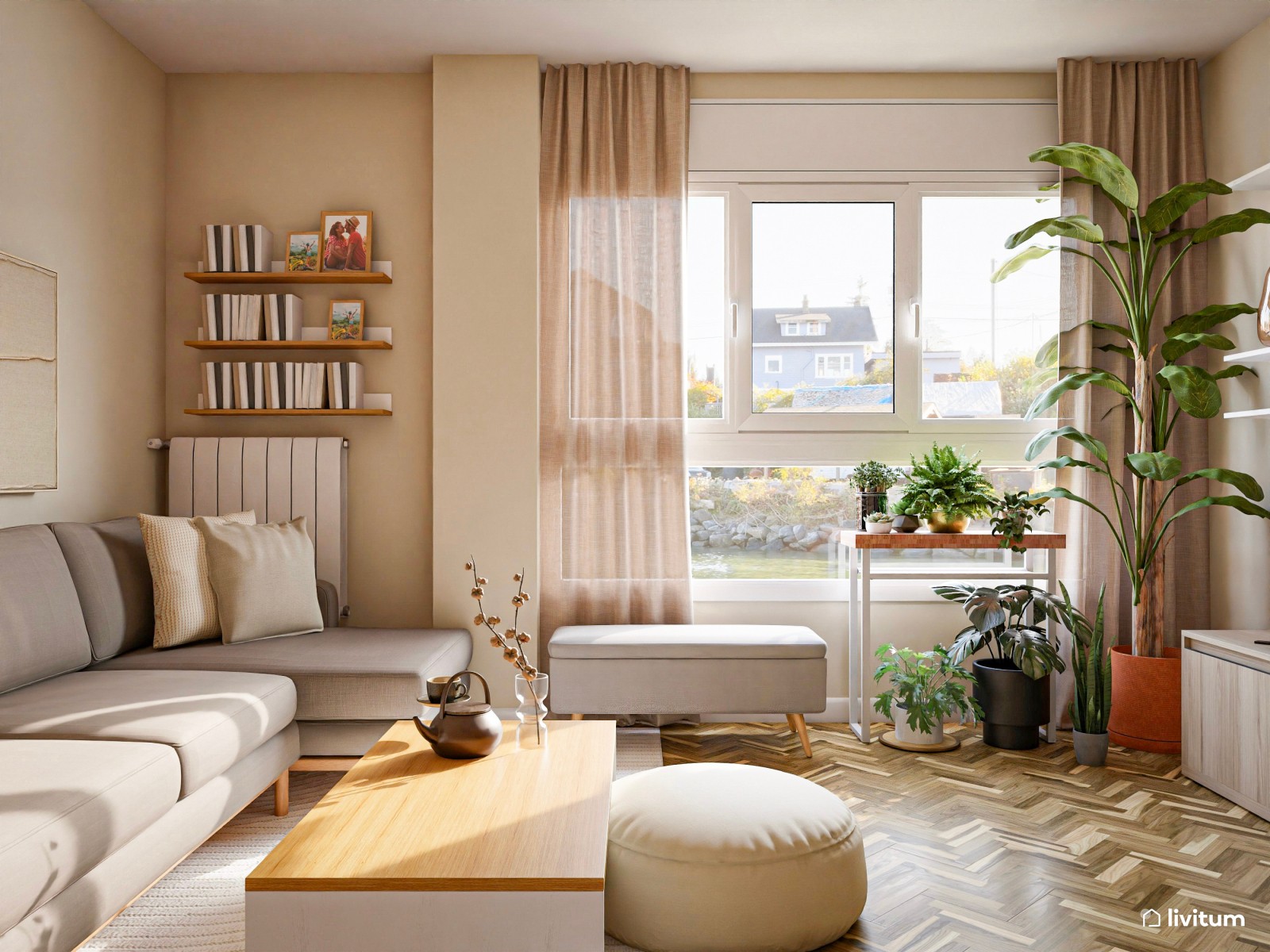 Salón comedor nórdico con detalles en madera, blanco y verde