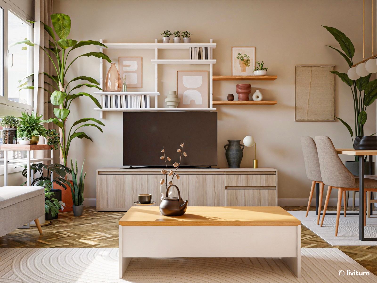 Salón comedor nórdico con detalles en madera, blanco y verde