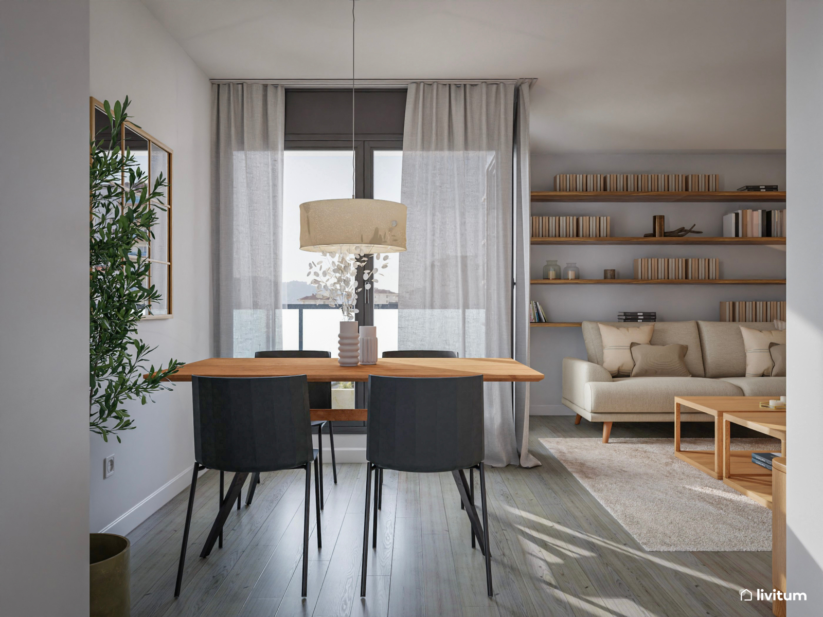  Salón comedor nórdico con líneas rectas y almacenaje vertical 