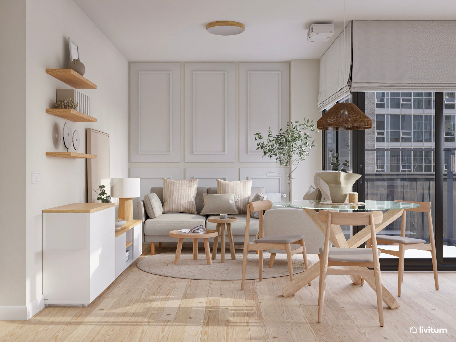 Salón comedor nórdico con molduras y una zona de trabajo 