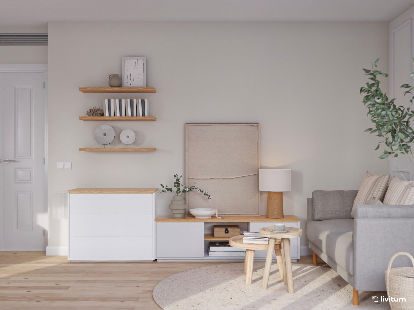 Salón comedor nórdico con molduras y una zona de trabajo 