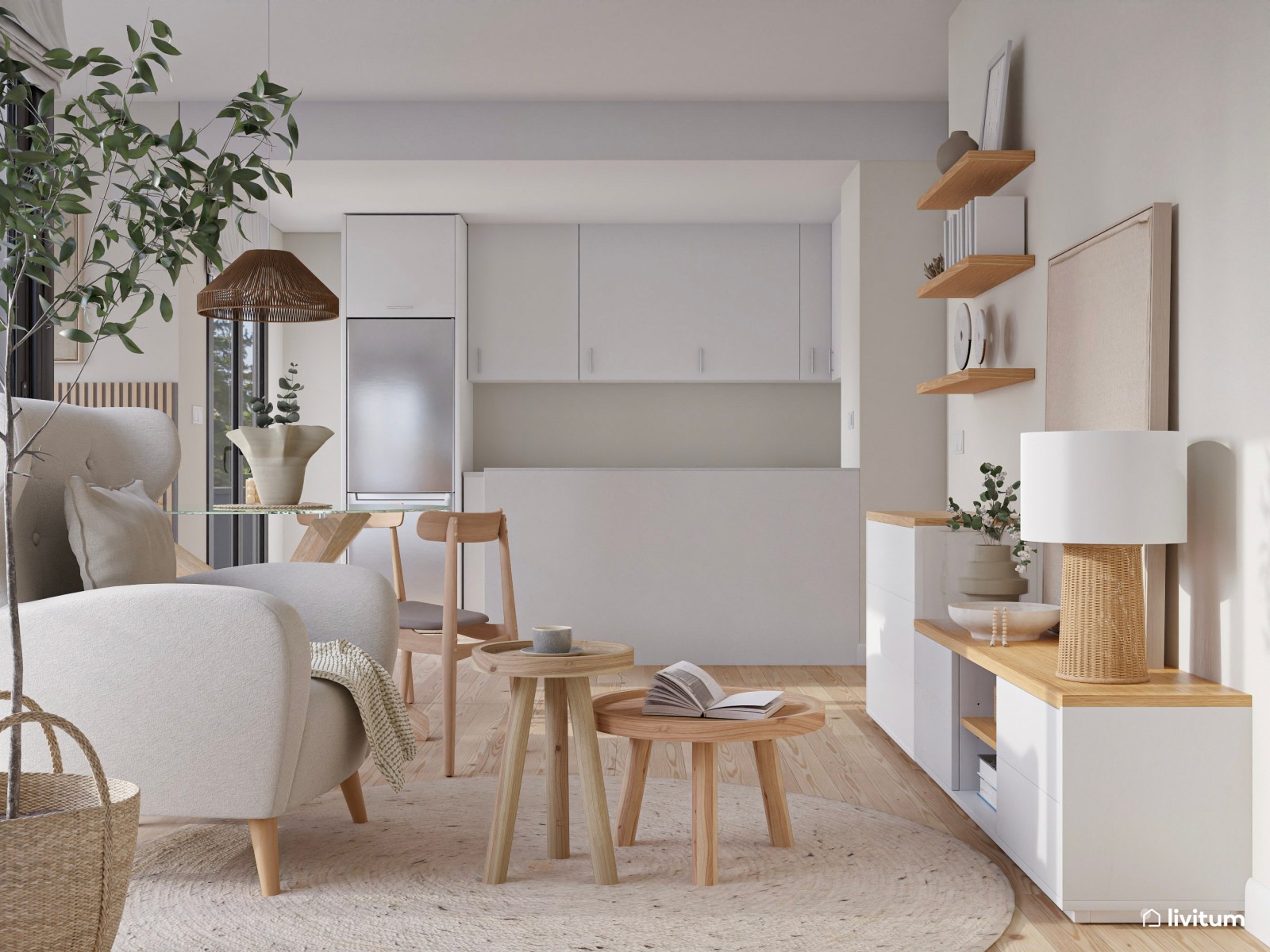 Salón comedor nórdico con molduras y una zona de trabajo 