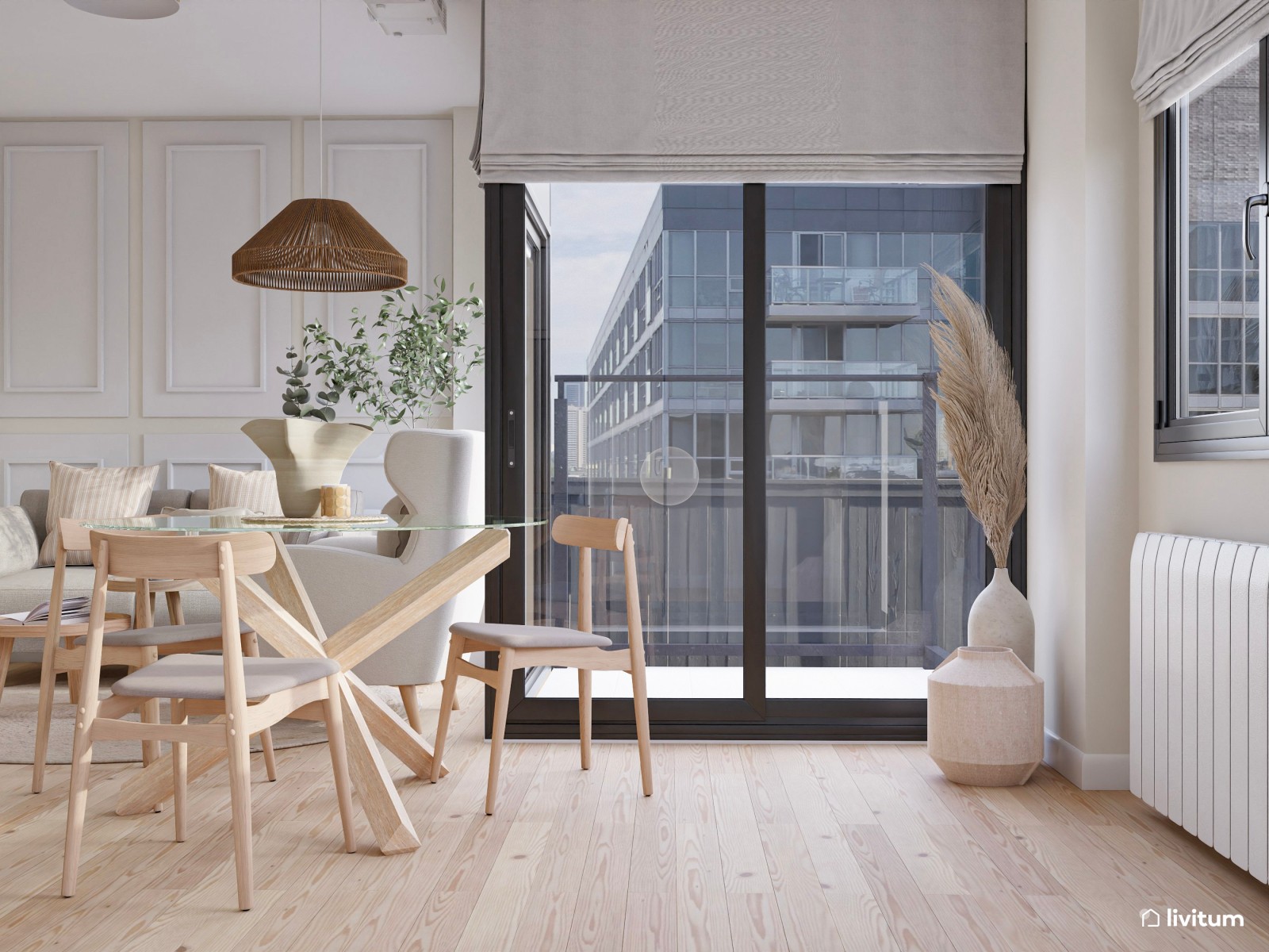 Salón comedor nórdico con molduras y una zona de trabajo 