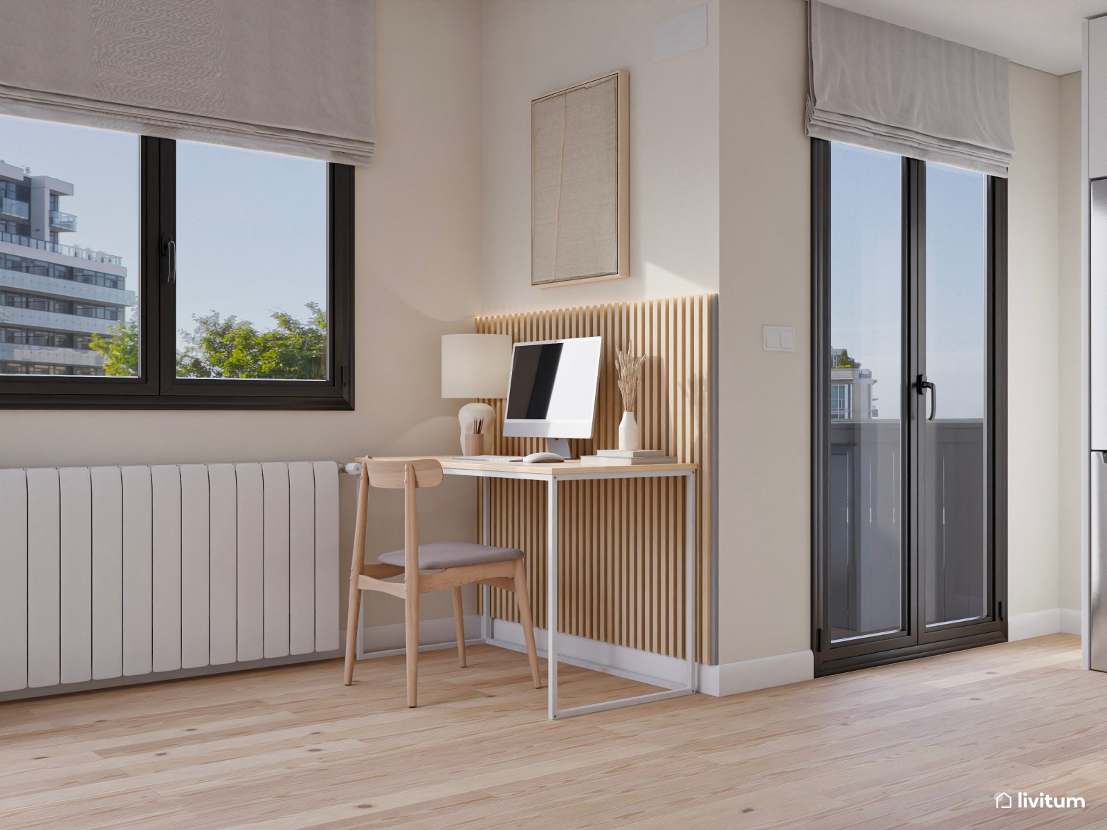 Salón comedor nórdico con molduras y una zona de trabajo 