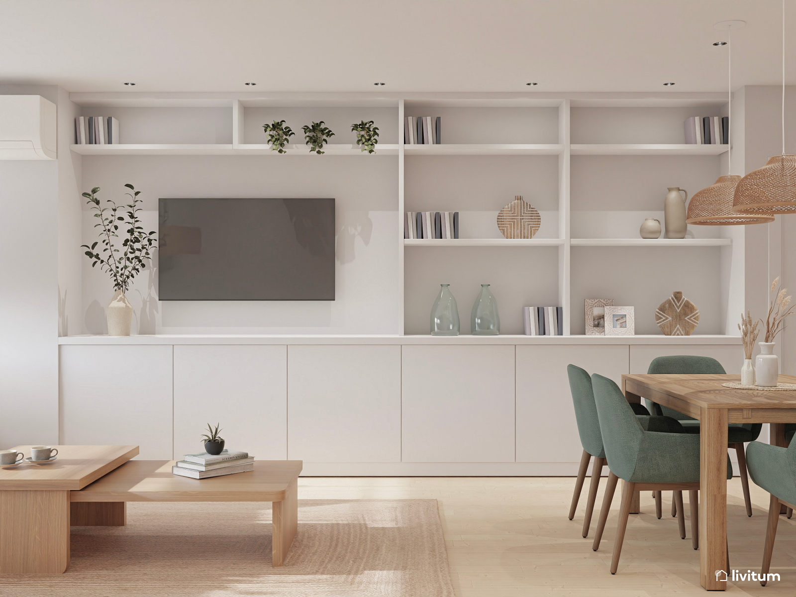 Salón comedor nórdico con pequeño espacio para teletrabajar 