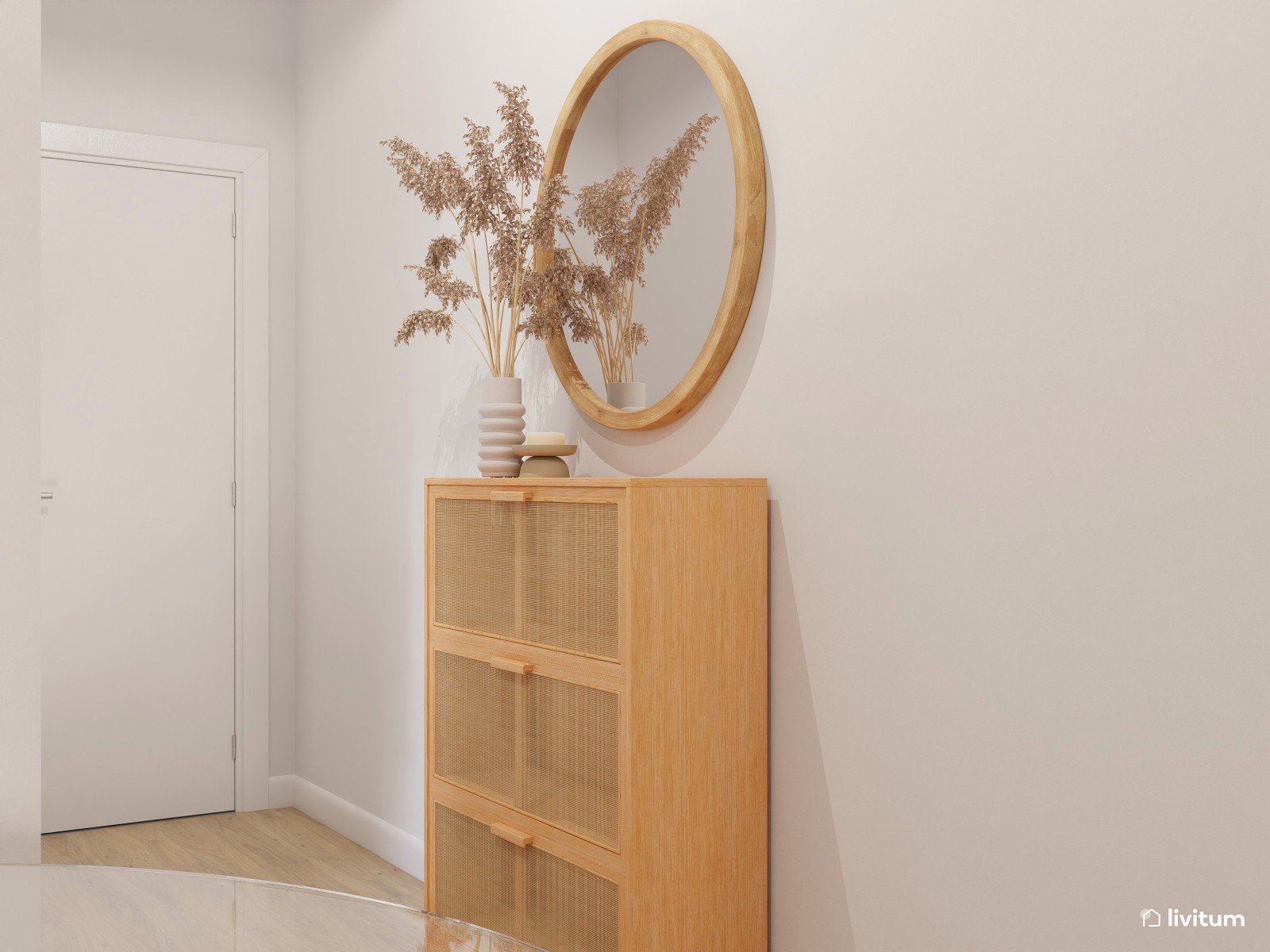 Salón comedor nórdico con separador de madera 