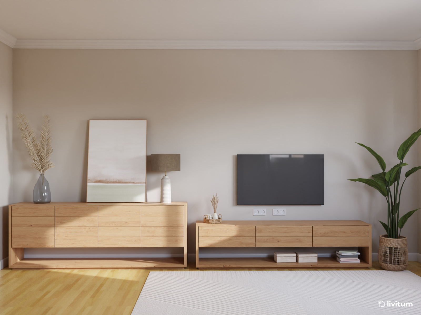 Salón comedor nórdico con sofá azul y madera 