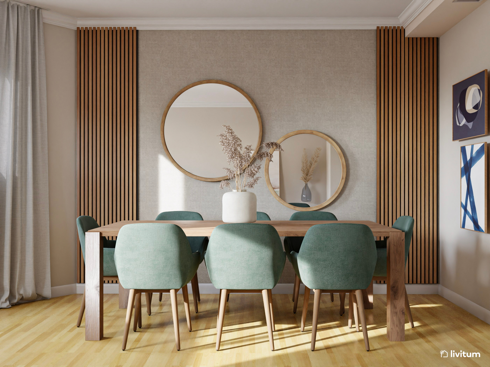 Salón comedor nórdico con sofá azul y madera 