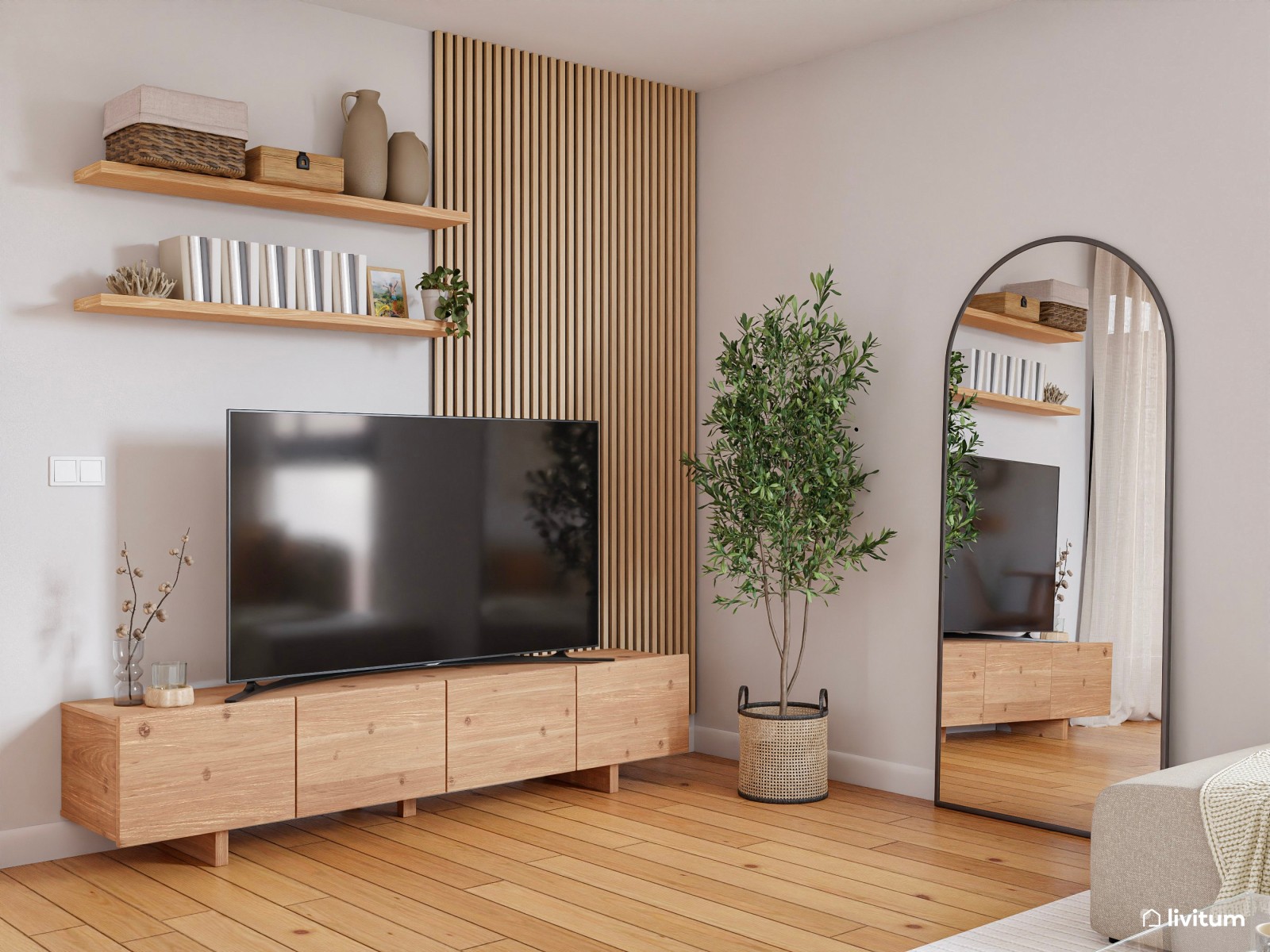 Salón comedor nórdico con suelo de madera y muebles blancos