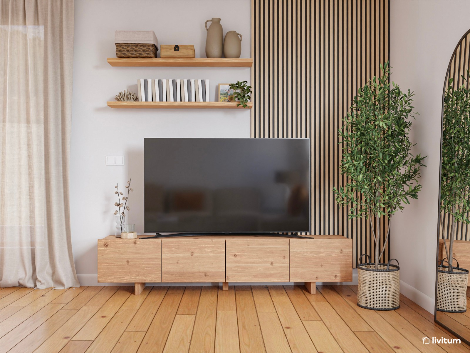 Salón comedor nórdico con suelo de madera y muebles blancos