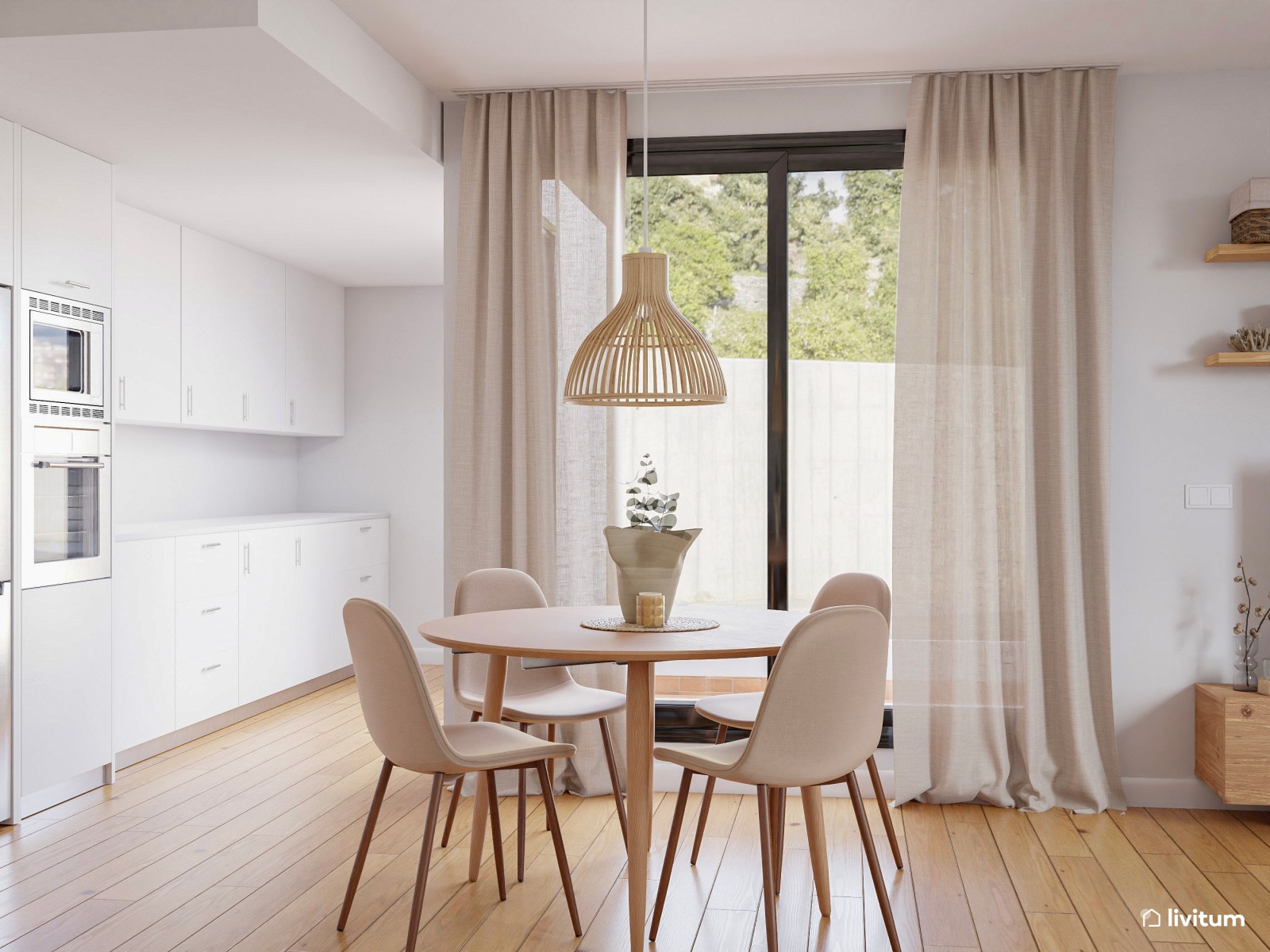 Salón comedor nórdico con suelo de madera y muebles blancos