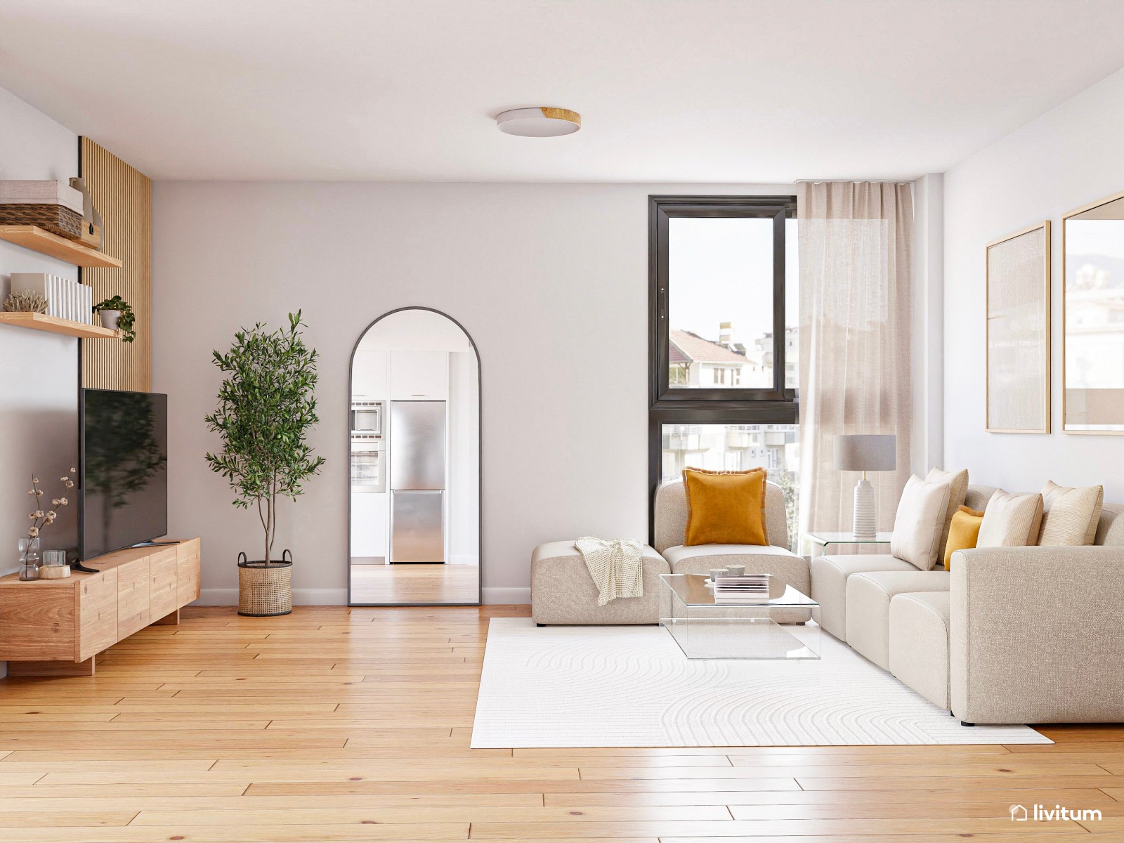 Salón comedor nórdico con suelo de madera y muebles blancos