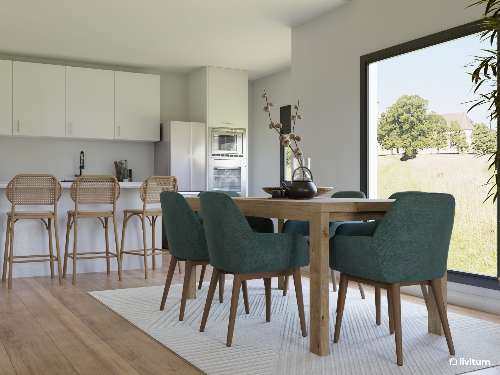 Salón comedor nórdico con techos altos y cocina abierta 