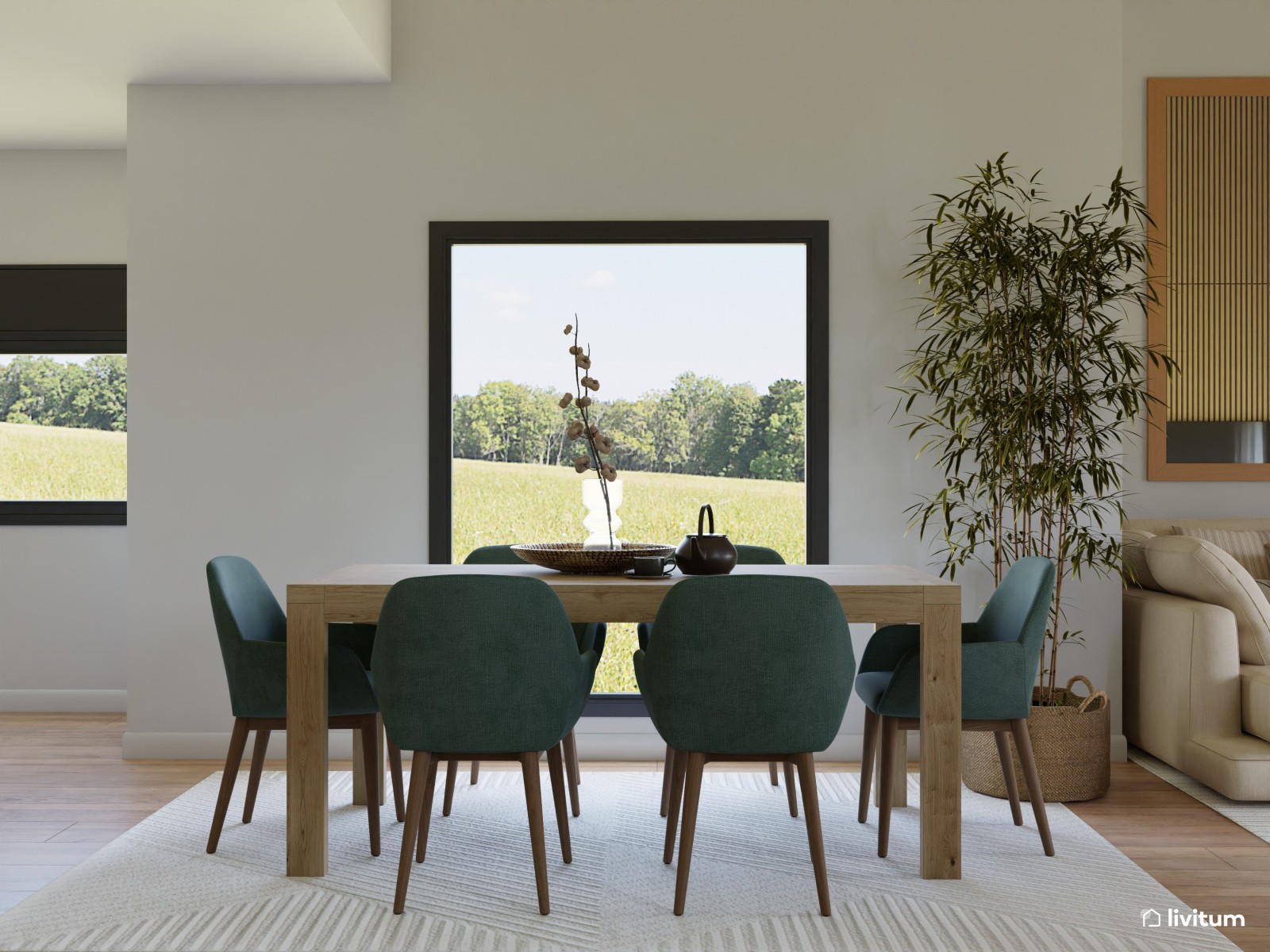 Salón comedor nórdico con techos altos y cocina abierta 