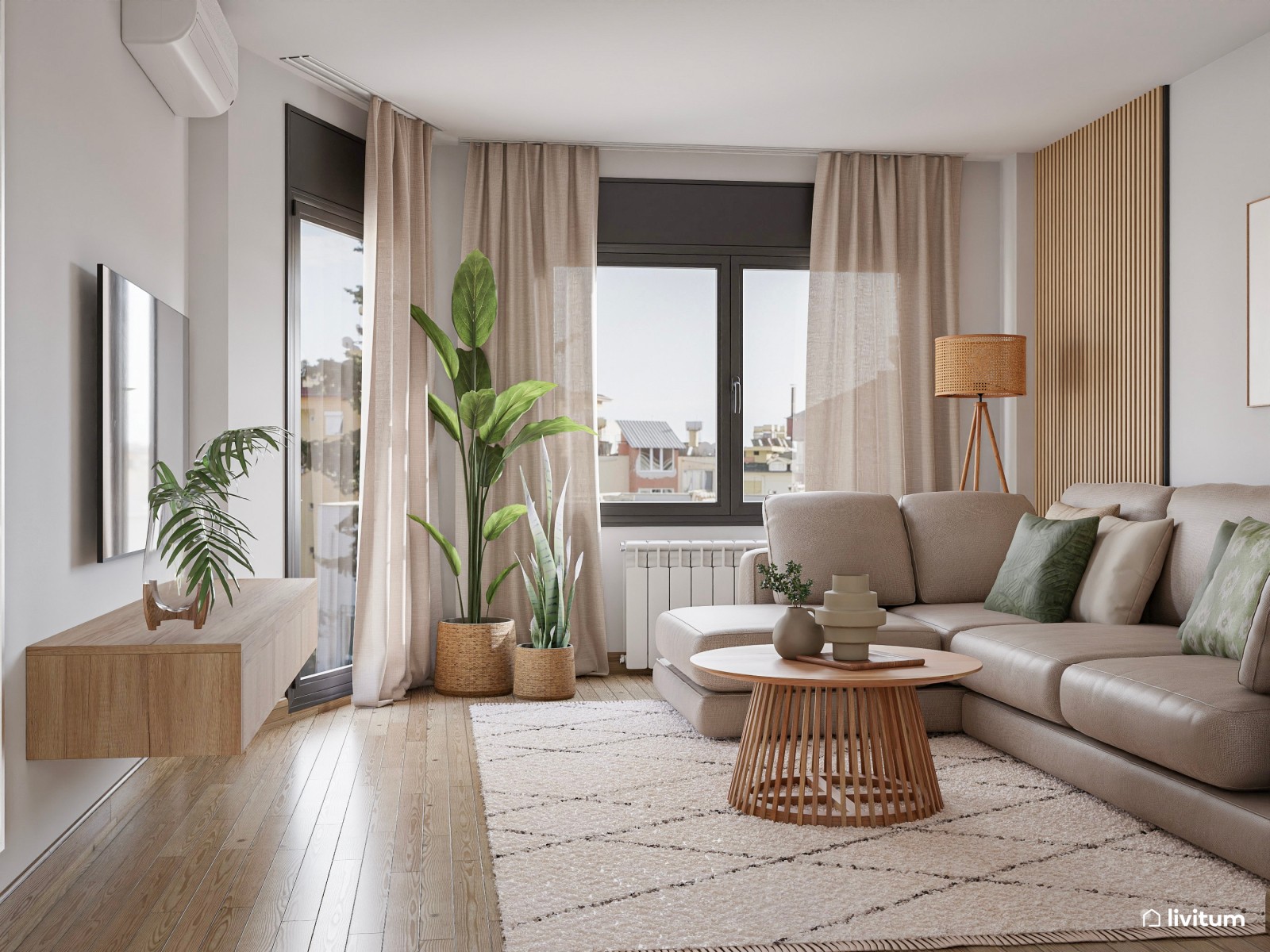 Salón comedor nórdico con toques orientales y planta