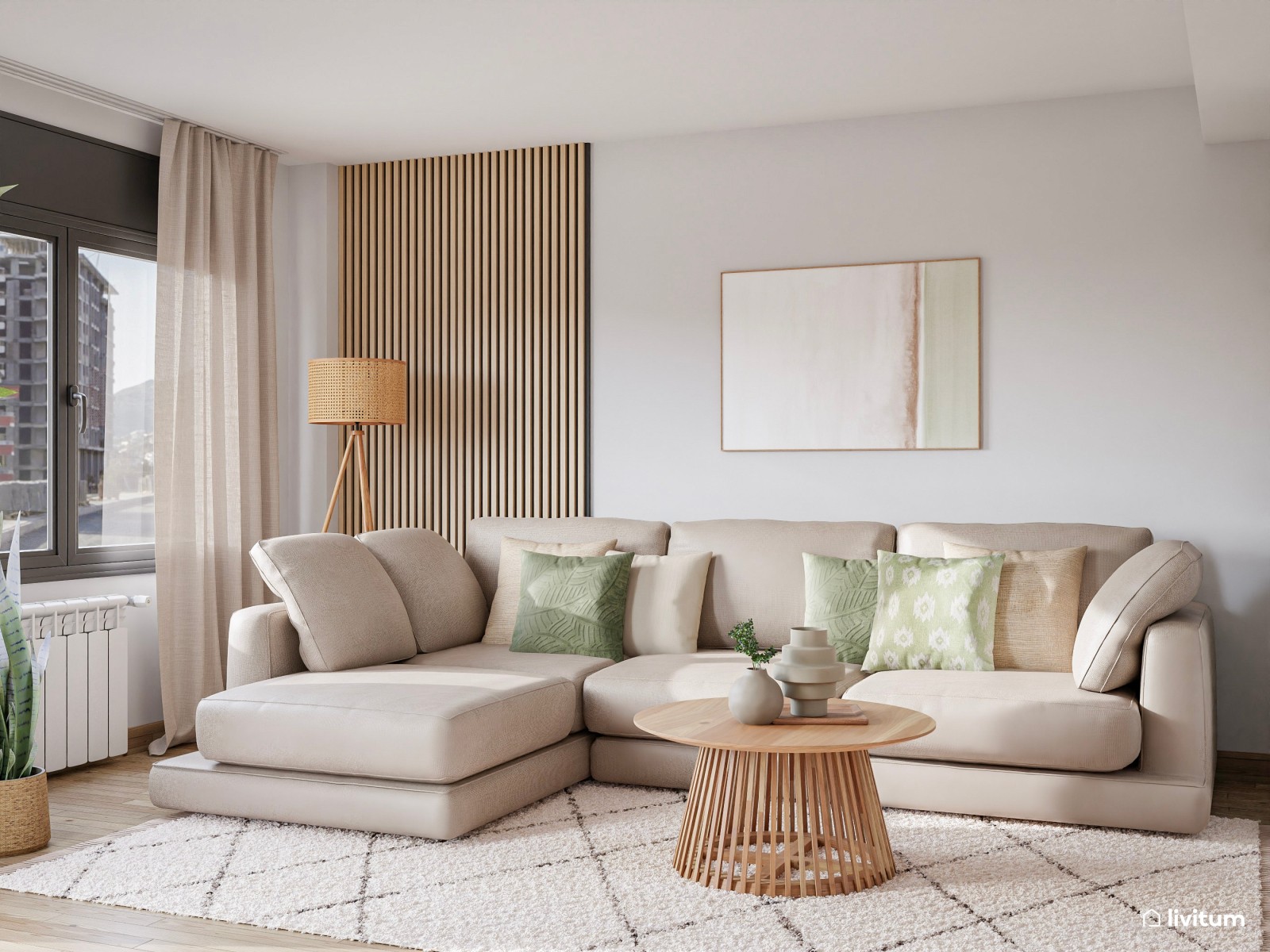 Salón comedor nórdico con toques orientales y planta