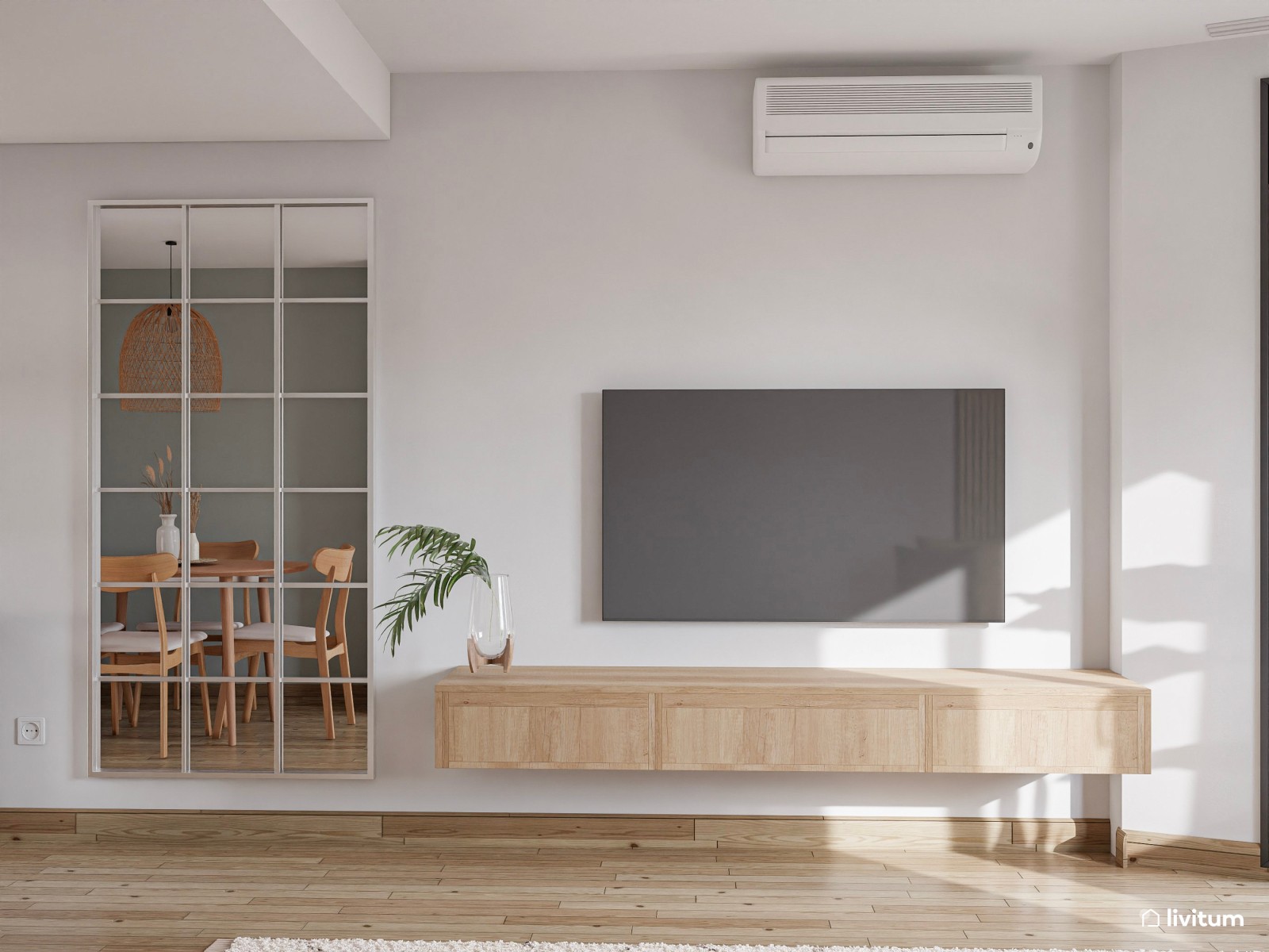 Salón comedor nórdico con toques orientales y planta