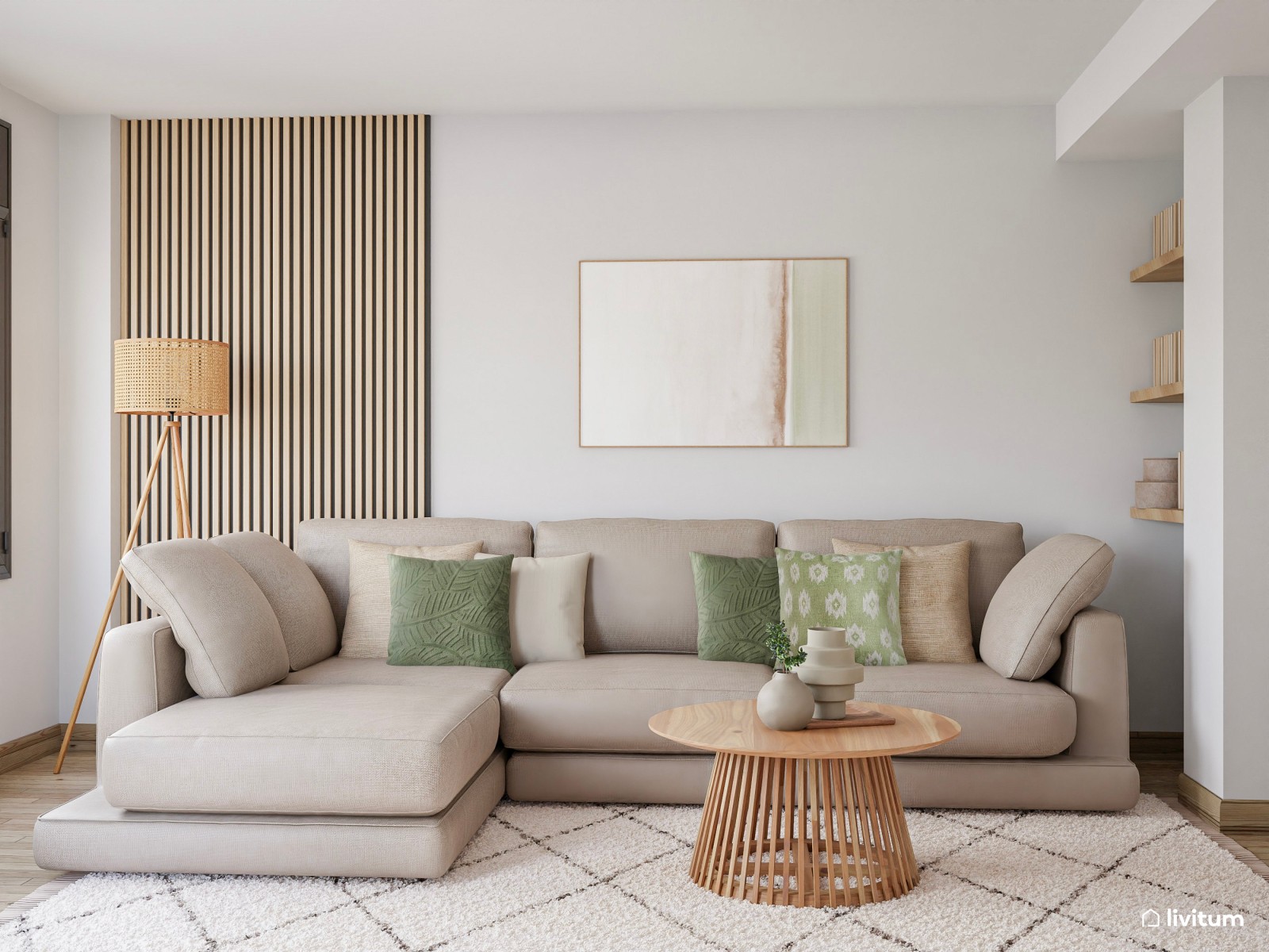 Salón comedor nórdico con toques orientales y planta