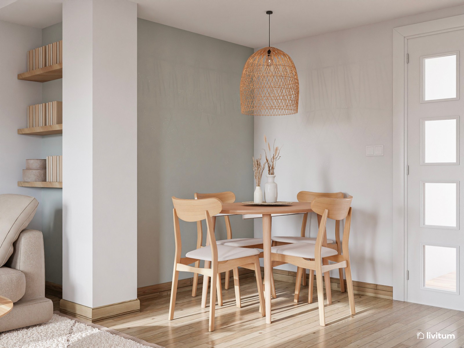 Salón comedor nórdico con toques orientales y planta