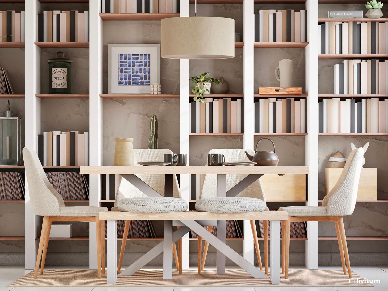 Salón comedor nórdico con una generosa librería 