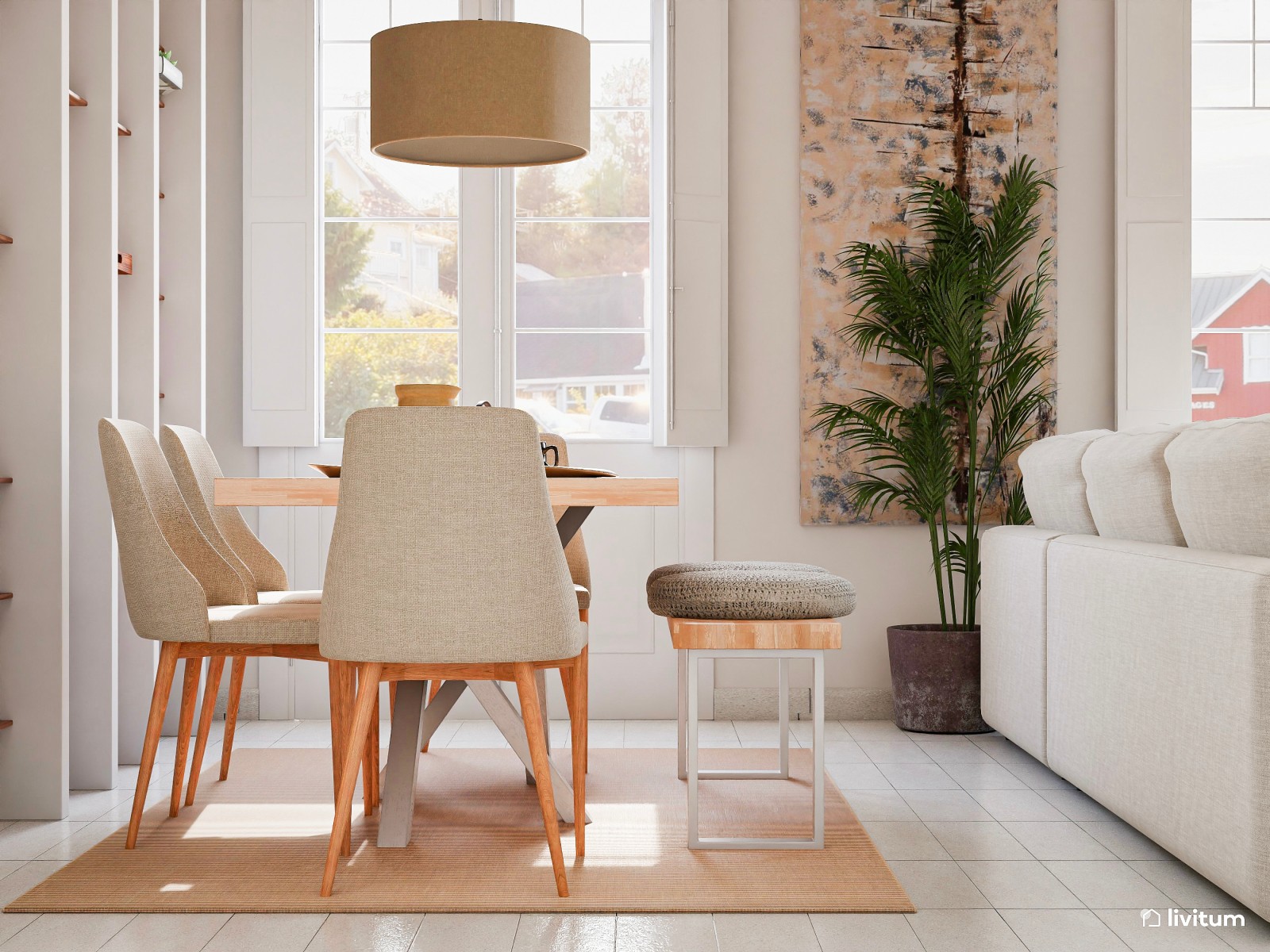 Salón comedor nórdico con una generosa librería 