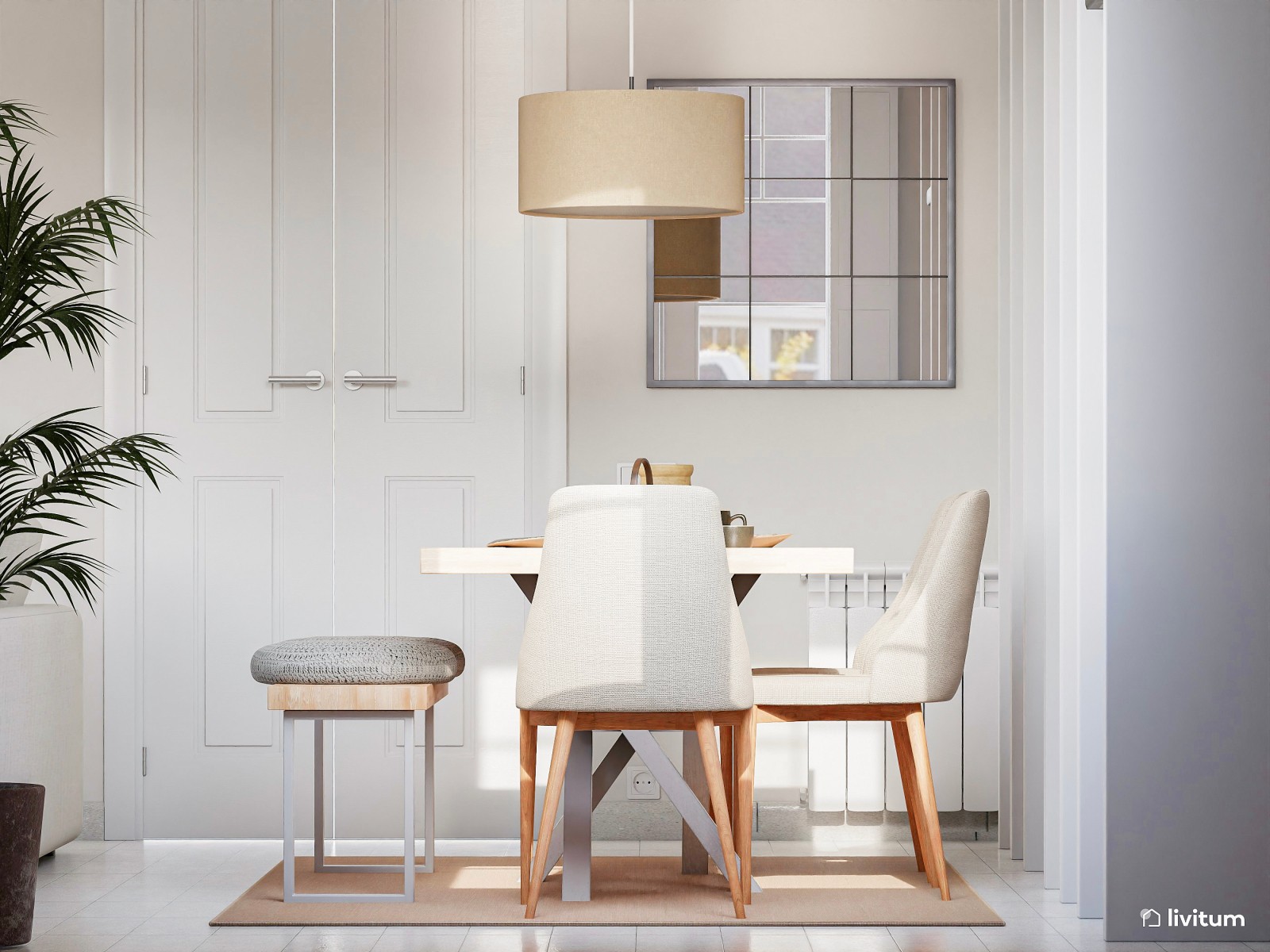 Salón comedor nórdico con una generosa librería 